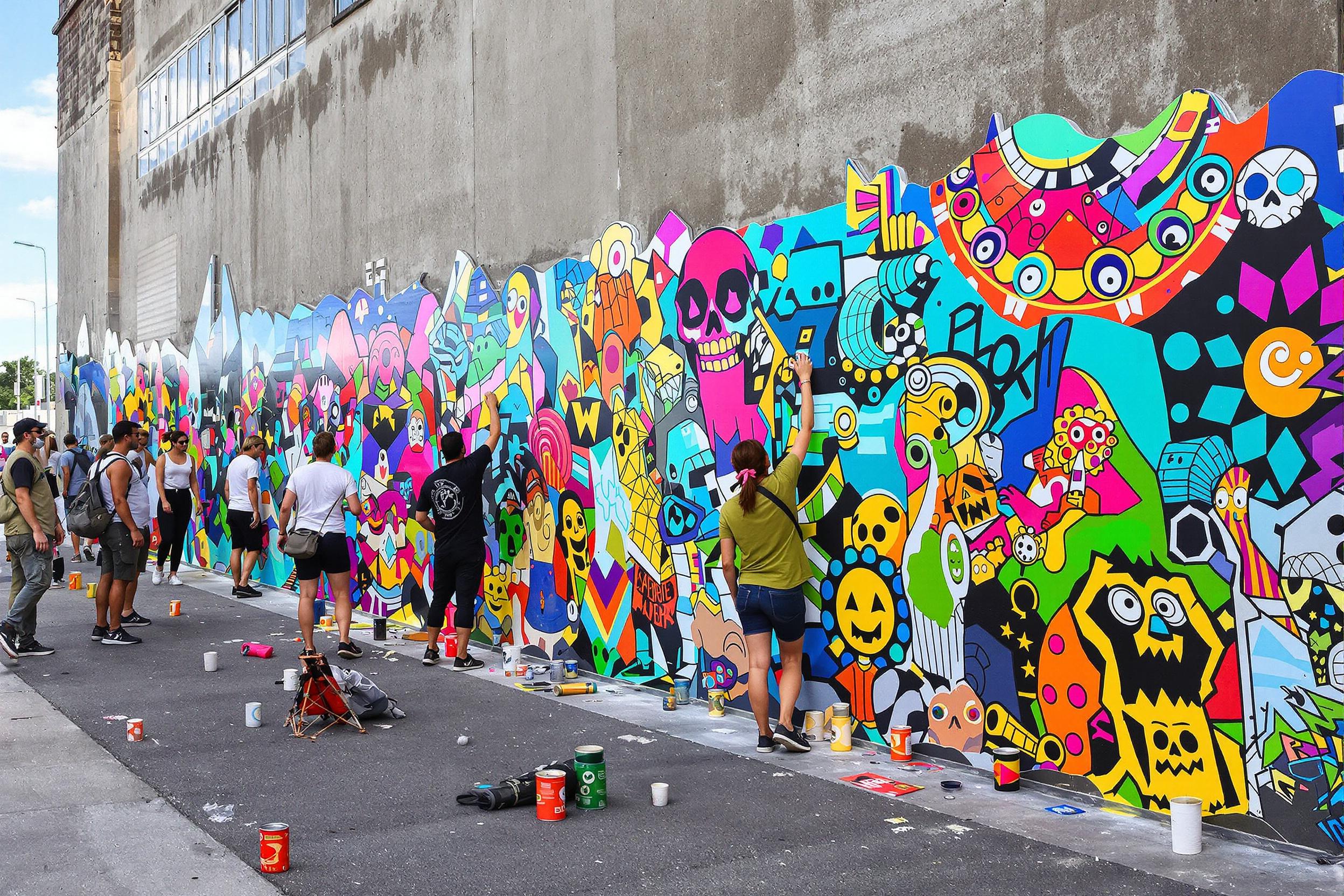 Several enthusiastic artists collaborate on a vibrant mural against a large concrete wall. Paint cans in bright hues lie scattered around. The wall showcases detailed designs and bold patterns, reflecting creativity under clear midday skies. Onlookers pause nearby, admiring the lively artistic expression.