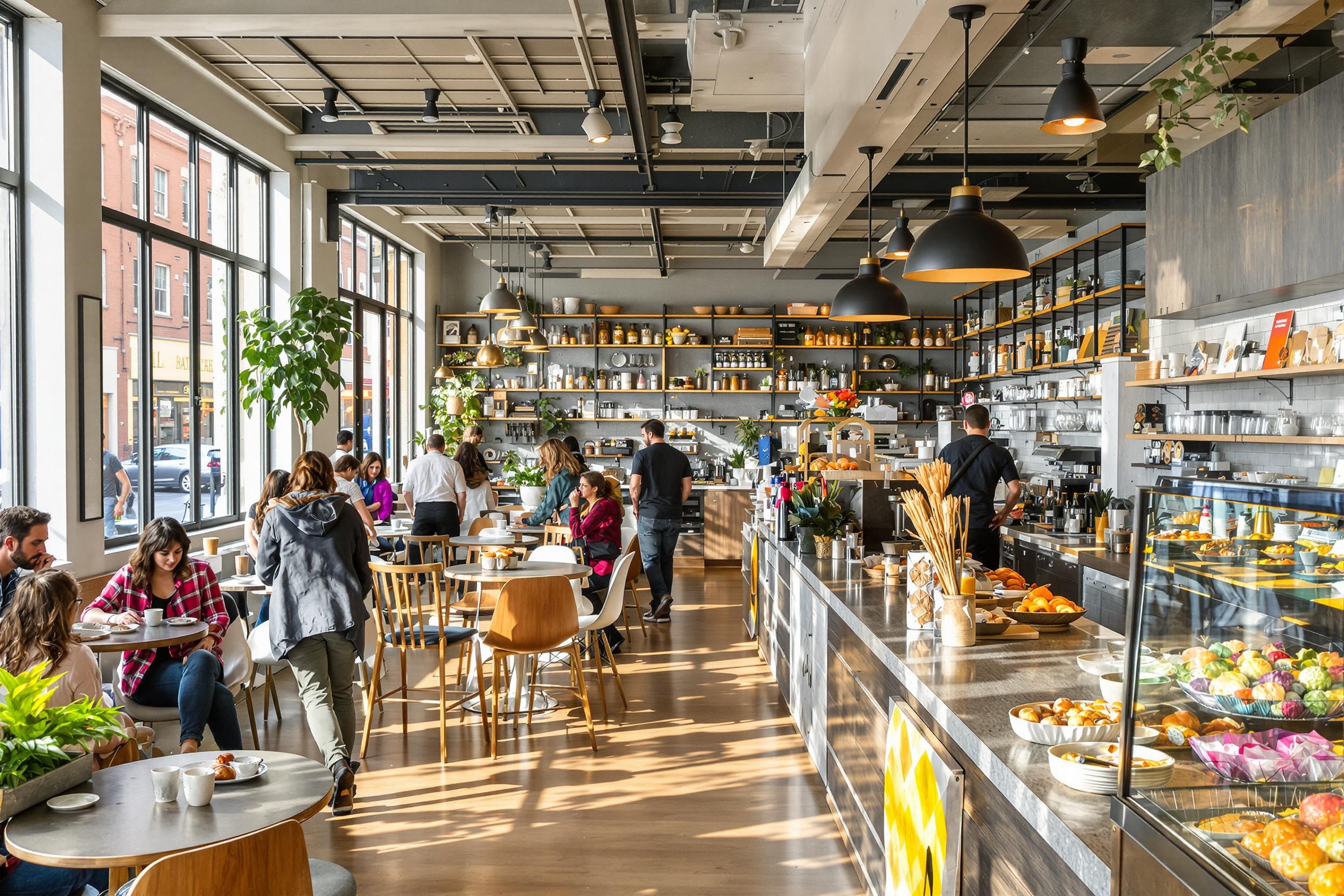 A bustling urban cafe is alive with activity as customers savor delicious pastries and coffee. Tables are arranged with friends chatting over brunch, while baristas skillfully prepare drinks behind the polished counter. The warm sunlight filters through expansive windows, illuminating the rustic decor and vibrant baked goods displayed nearby.