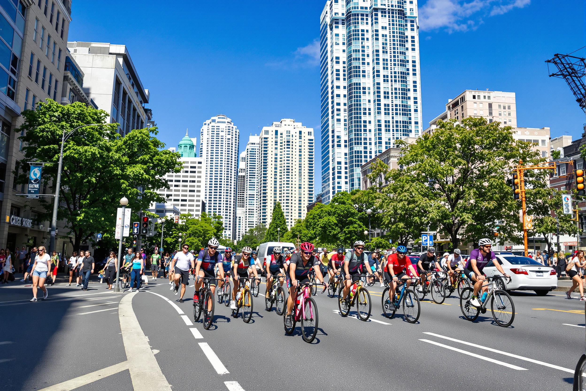 A vibrant city street thrums with energy as urban cyclists navigate through a bustling downtown. Dressed in colorful attire, they weave seamlessly among pedestrians and parked cars. Skyscrapers tower in the background under a clear blue sky, while sunlight highlights the diverse expressions of determination and joy on each cyclist's face.