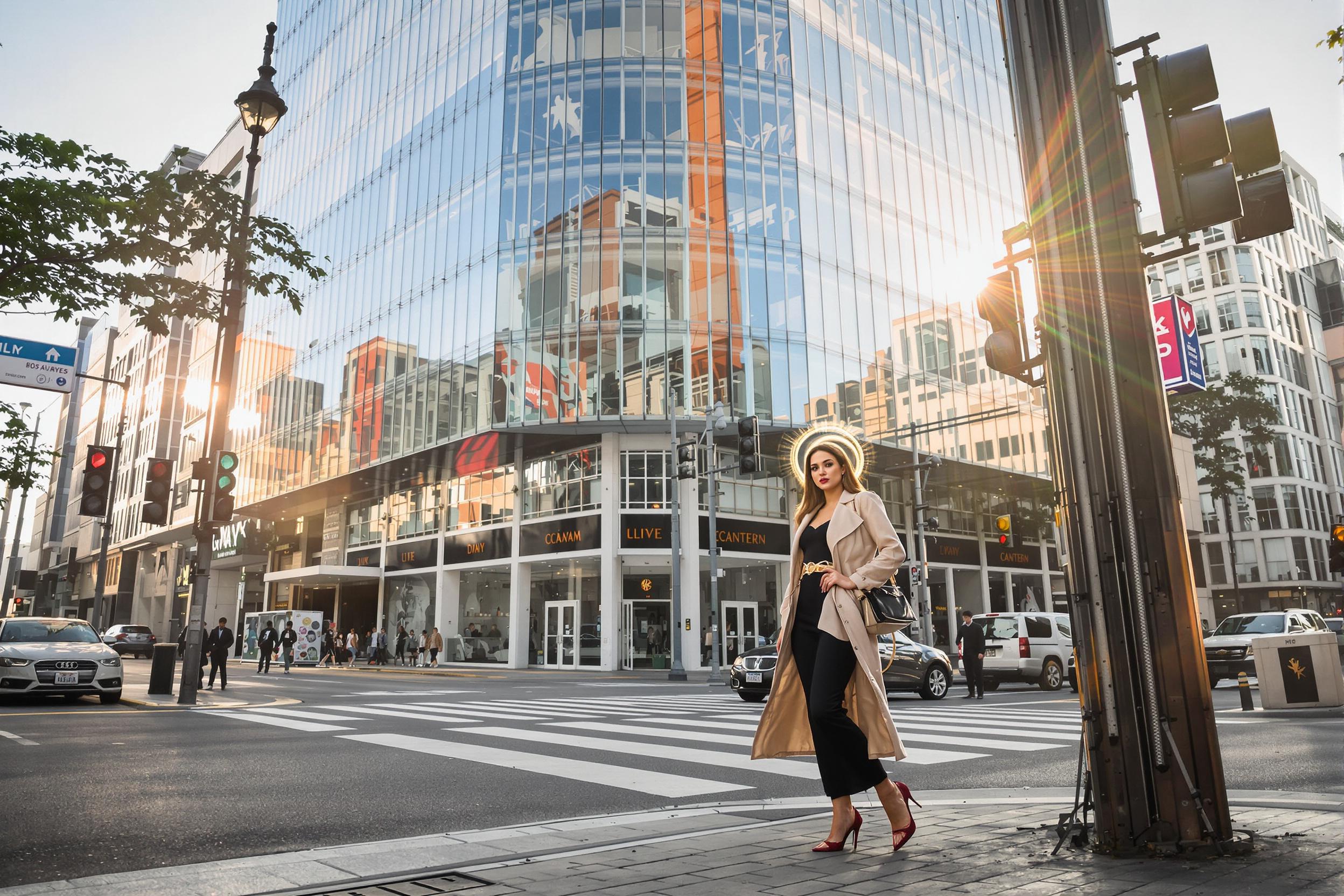 An elegant fashion model poses confidently at a busy urban street intersection adorned with modern architecture. Dressed in a chic outfit that reflects seasonal trends, she stands poised beside a striking glass building. Warm golden hour sunlight filters through, creating a halo effect around her while casting playful shadows across the pavement. The bustling city life buzzes softly in the background, adding vibrancy to the scene.