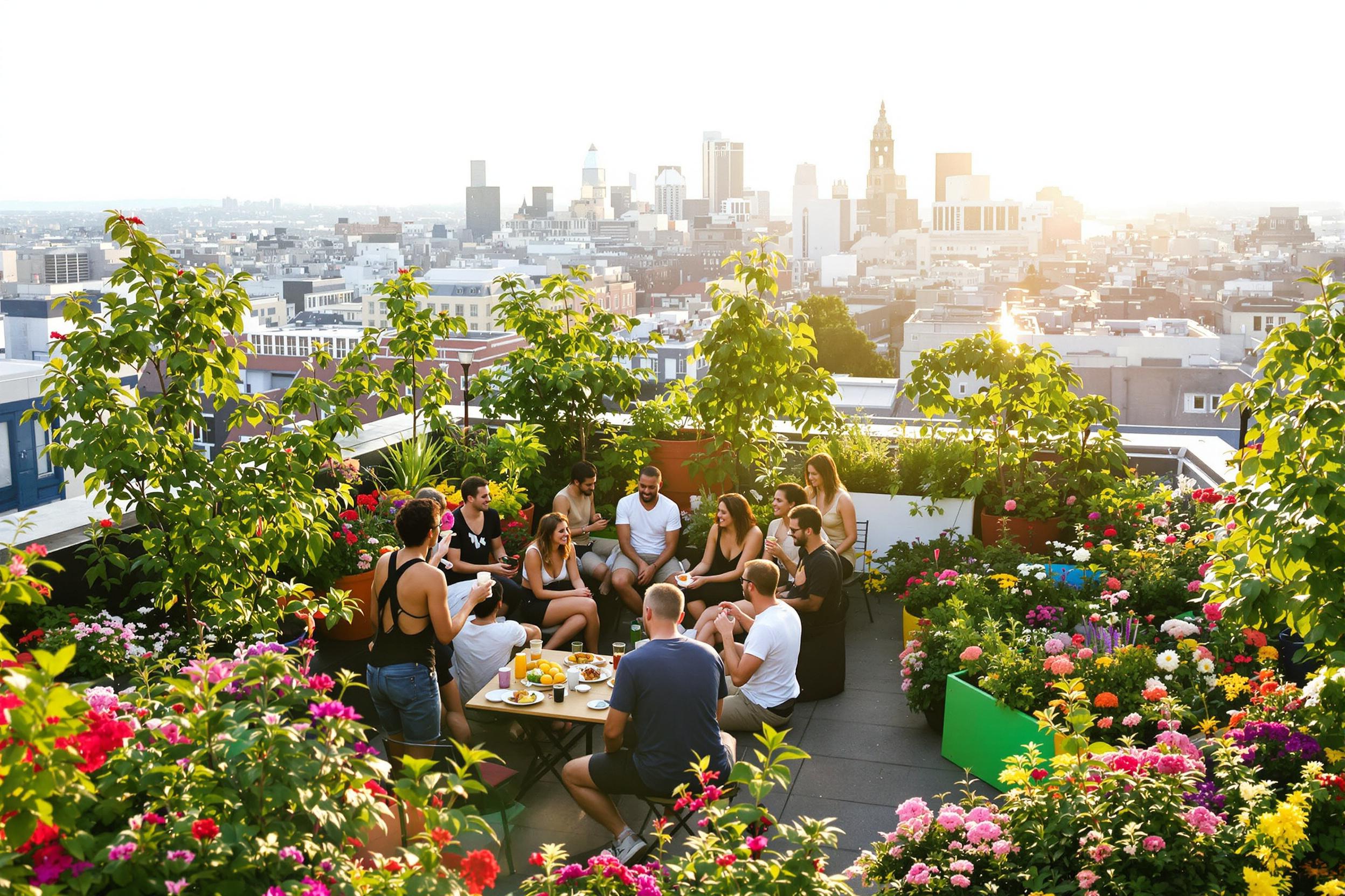 A lively urban rooftop garden buzzes with activity. Friends gather happily amidst lush greenery and colorful planters, sharing food and drinks. The warm afternoon sun casts a golden glow over the scene, highlighting the diversity of flowering plants surrounding them. In the background, a panoramic view of the city skyline emerges against a clear sky.