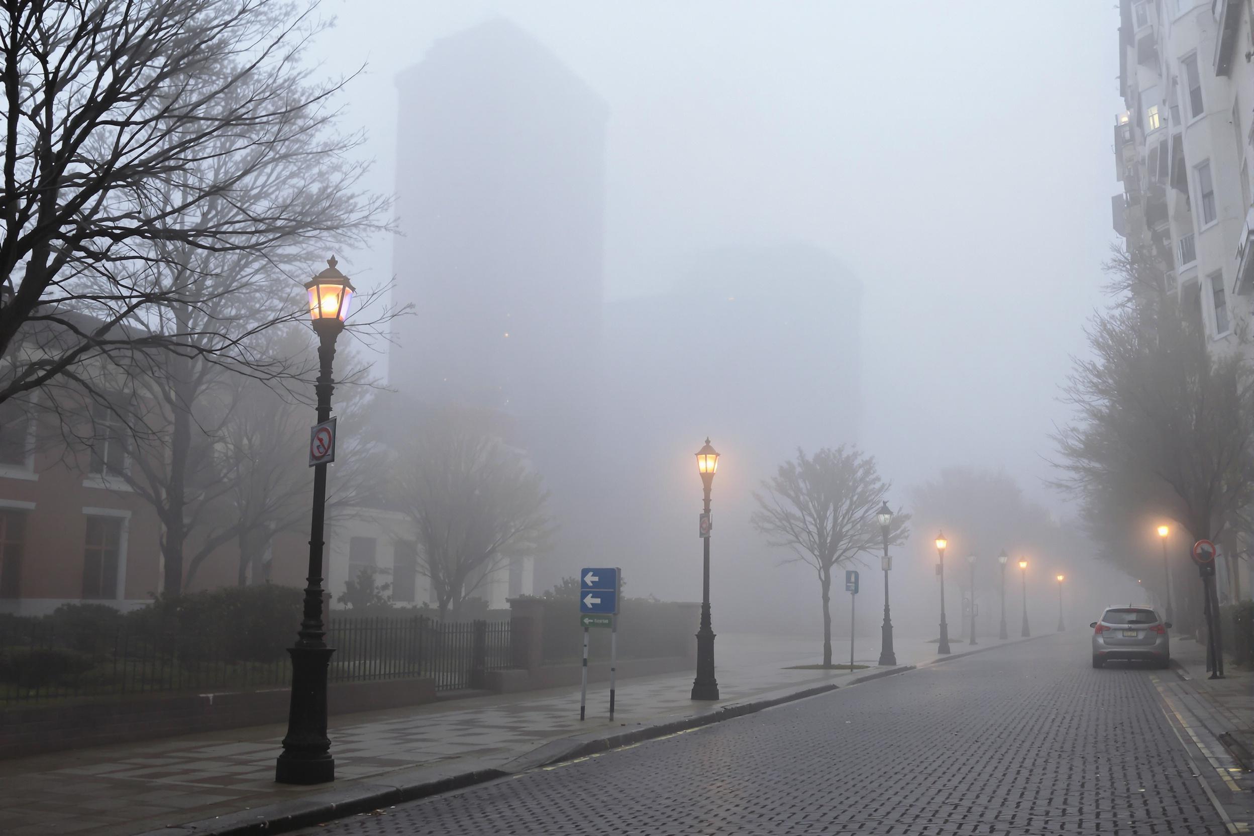 A fog-drenched city street greets dawn with muted colors. Tall buildings loom in the distance, partially obscured by thick mist. Dimly-lit lampposts stand along the sidewalk, their warm glow barely penetrating the haze. The cobblestone road disappears into the fog, creating an ethereal atmosphere that invites exploration.