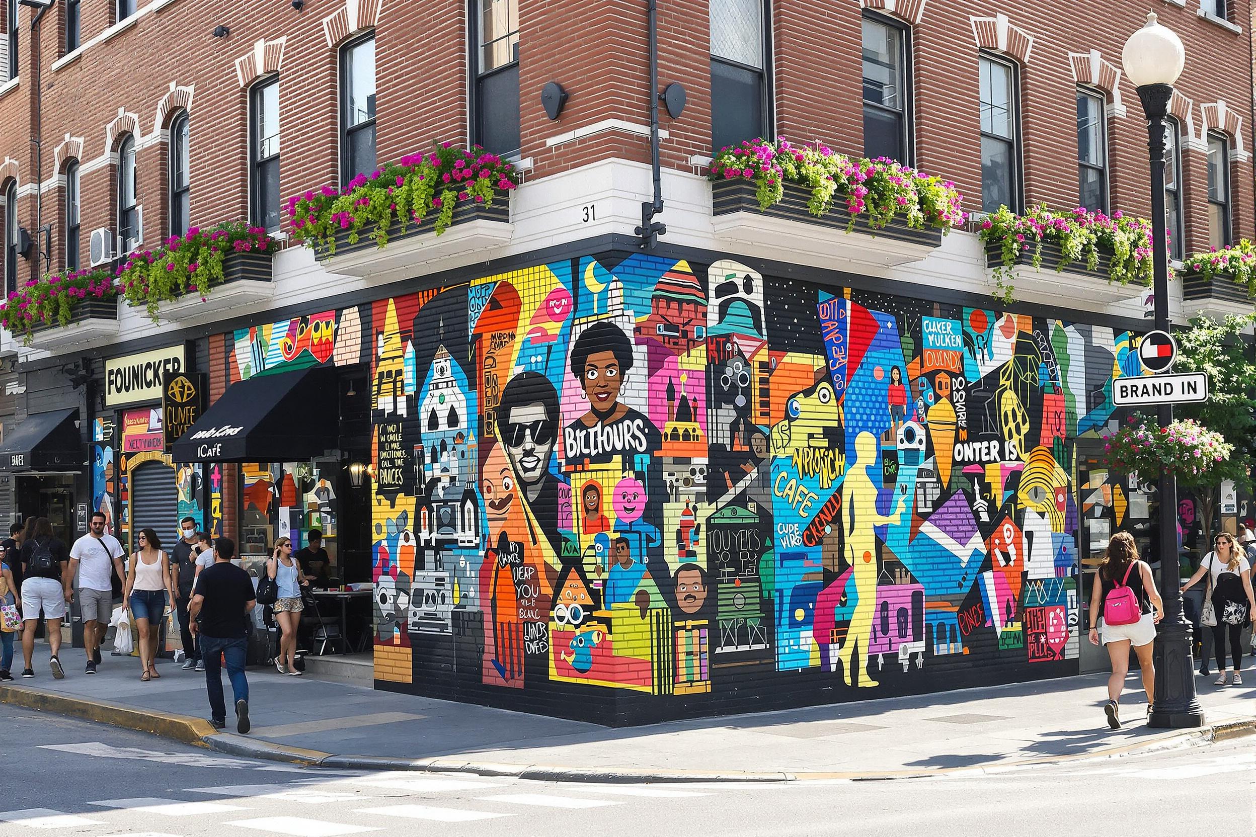 A dynamic urban street corner thrums with energy as pedestrians stroll past bold murals splashed across brick walls. The vibrant designs, reflecting diverse cultures, pop under clear midday light. Flower boxes with blooming plants hang above trendy cafes, inviting passersby to linger.