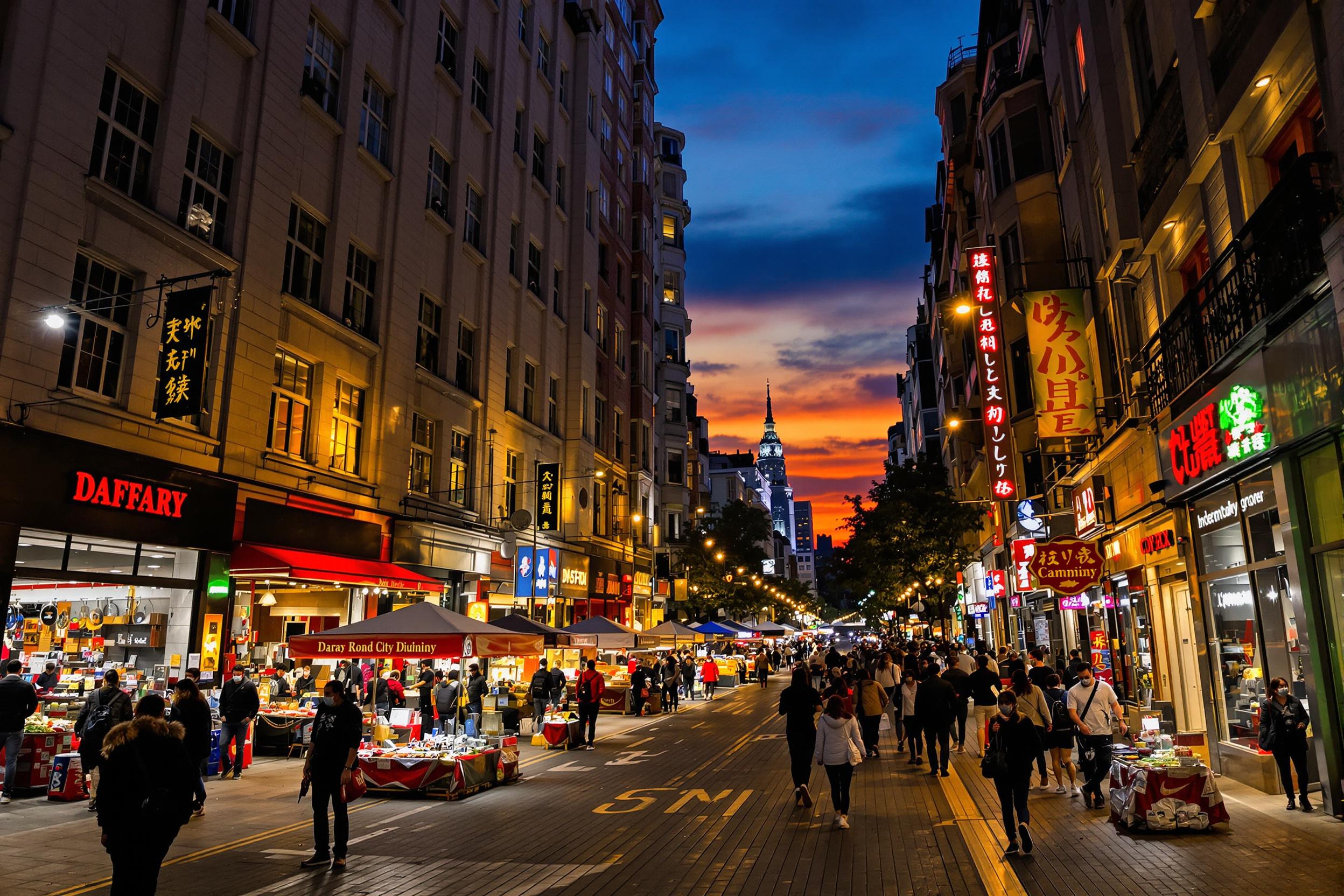 A vibrant city street comes alive at twilight as pedestrians move through illuminated storefronts. Street vendors promote their wares under glowing lights, creating an energetic atmosphere. Tall buildings form a dramatic backdrop, while the sky transitions from deep blue to warm orange hues. This scene encapsulates urban life brimming with activity and social interaction.