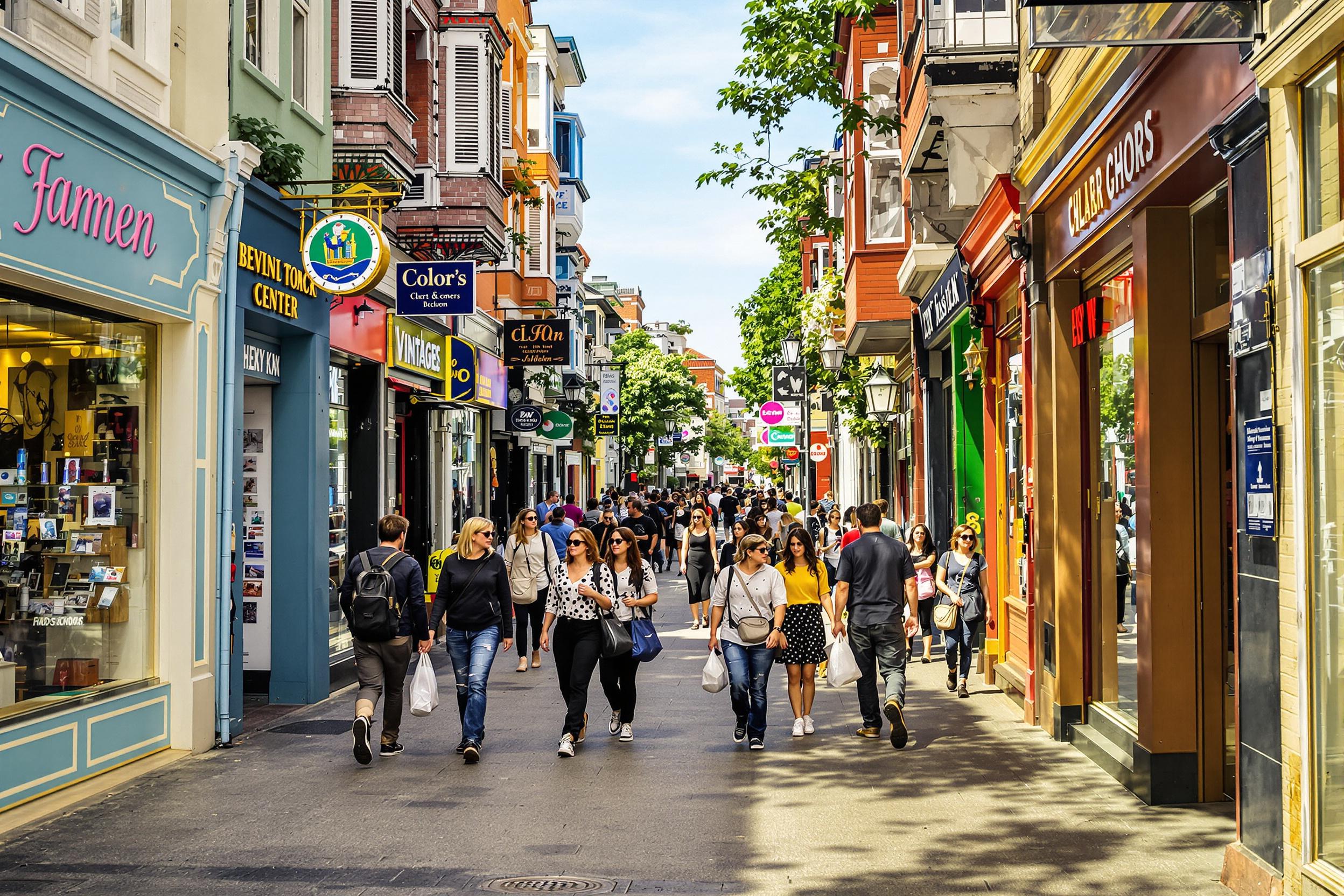 A lively city street scene unfolds under warm afternoon light. Colorful storefronts line both sides, showcasing everything from chic boutiques to vintage shops. Pedestrians of various ages and backgrounds mingle, some carrying shopping bags while others pause to chat. Shadows stretch across the pavement, enhancing the vibrant atmosphere of urban life.