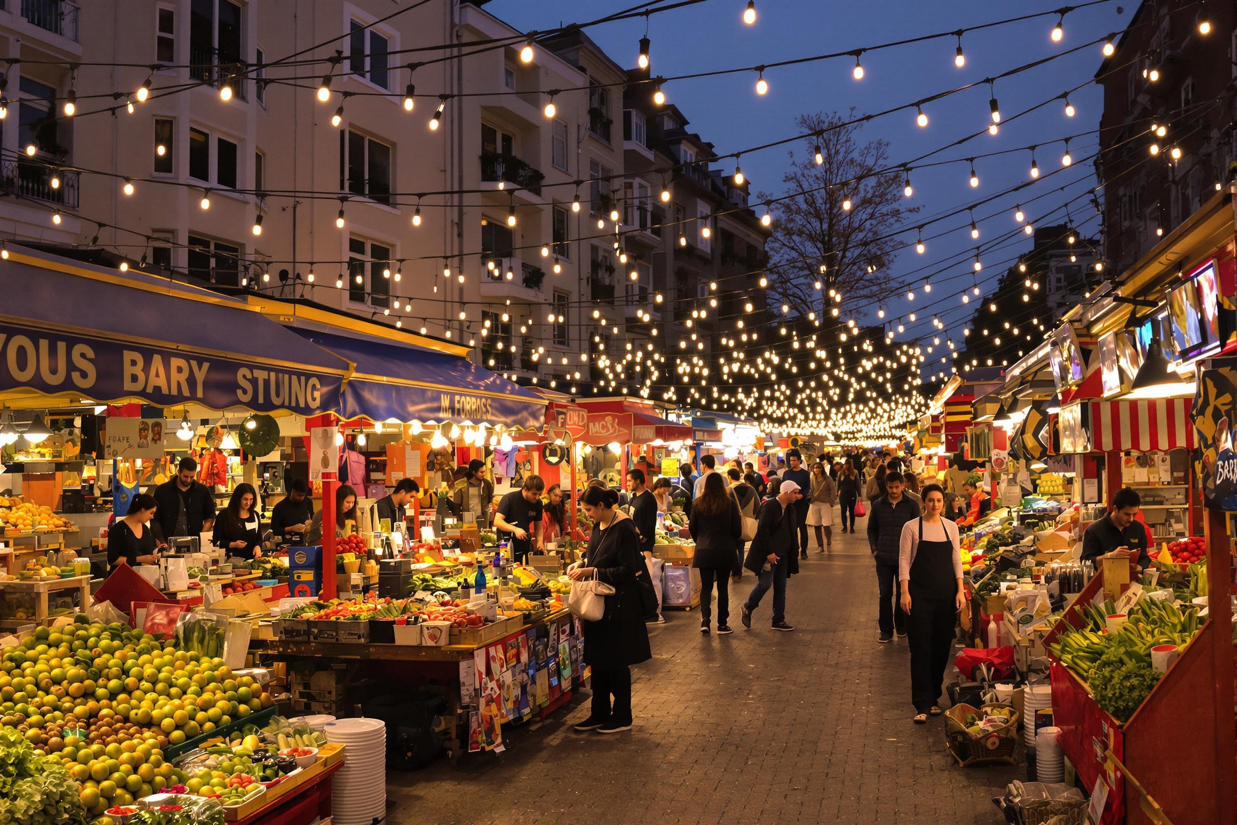 A lively urban market comes to life at dusk as colorful stalls fill the scene with various foods. Strings of soft lights overhead cast a welcoming glow, illuminating shoppers exploring fresh produce and gourmet treats. The vibrant mix of voices enhances the atmosphere, while laughter mingles with the enticing scents of street food.