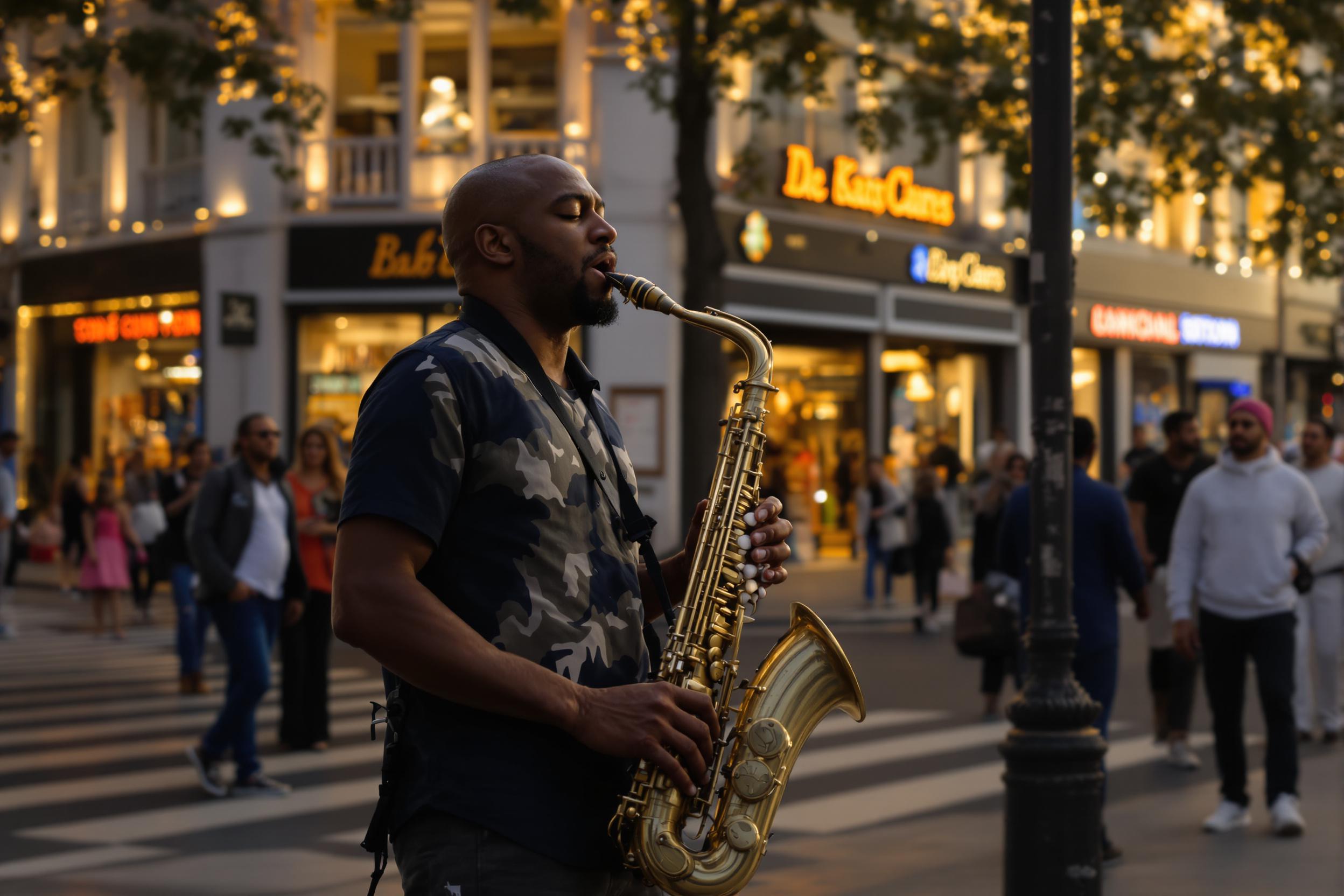 A street musician passionately plays the saxophone on a bustling city corner bathed in the warm glow of early evening light. Dressed in a casual yet stylish outfit, he stands confidently, eyes closed, lost in the music. Vibrant city life buzzes in the background, with illuminated storefronts and curious passersby creating a lively atmosphere.