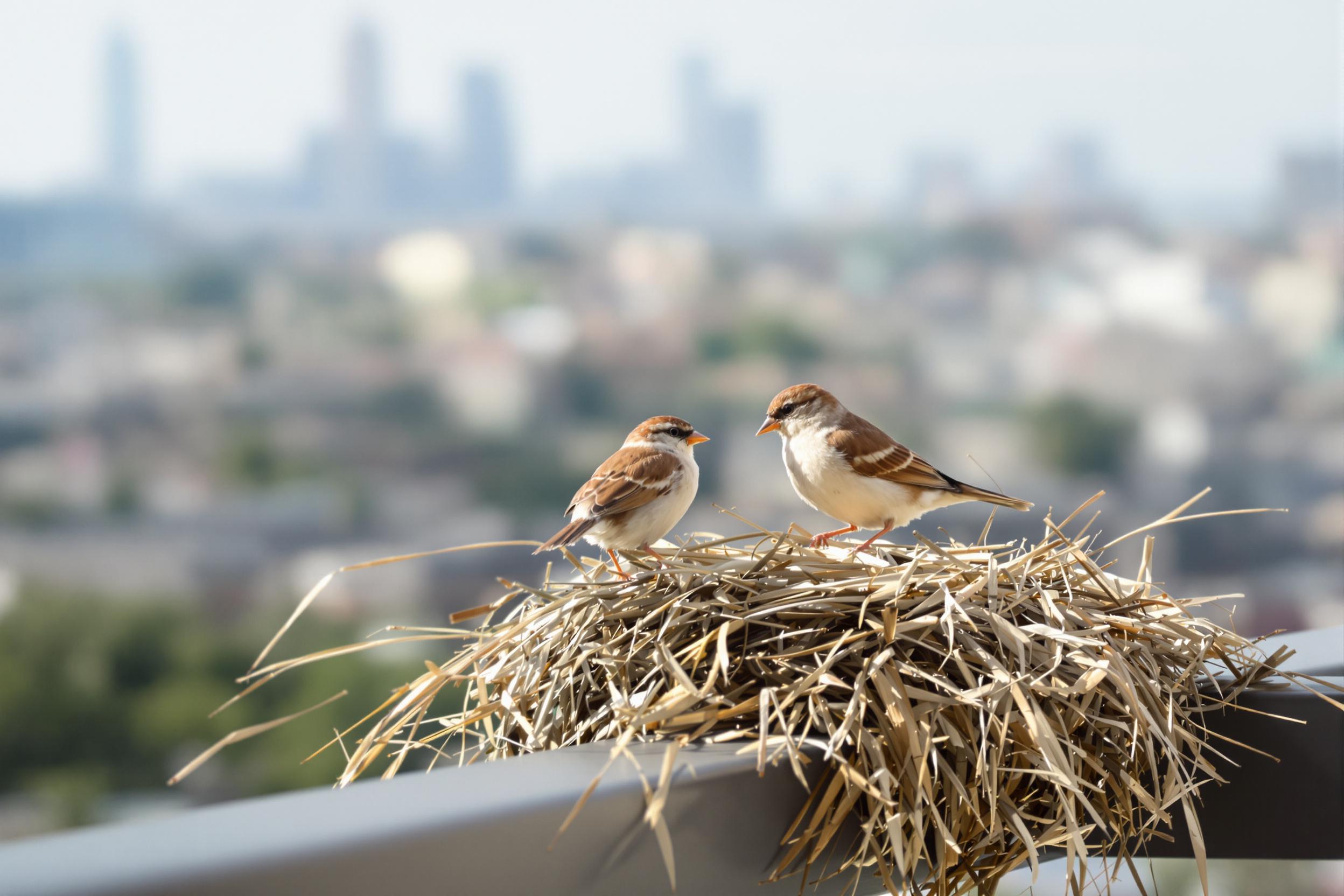 A pair of small sparrows animatedly gather strands of dried grass to build their nest on a contemporary apartment balcony. Their tiny wings flutter mid-action against the backdrop of a distant blurred city skyline. Sunlight highlights the soft hues of pale brown and white plumage, adding a tranquil warmth to the intricate avian activity amidst human architecture.