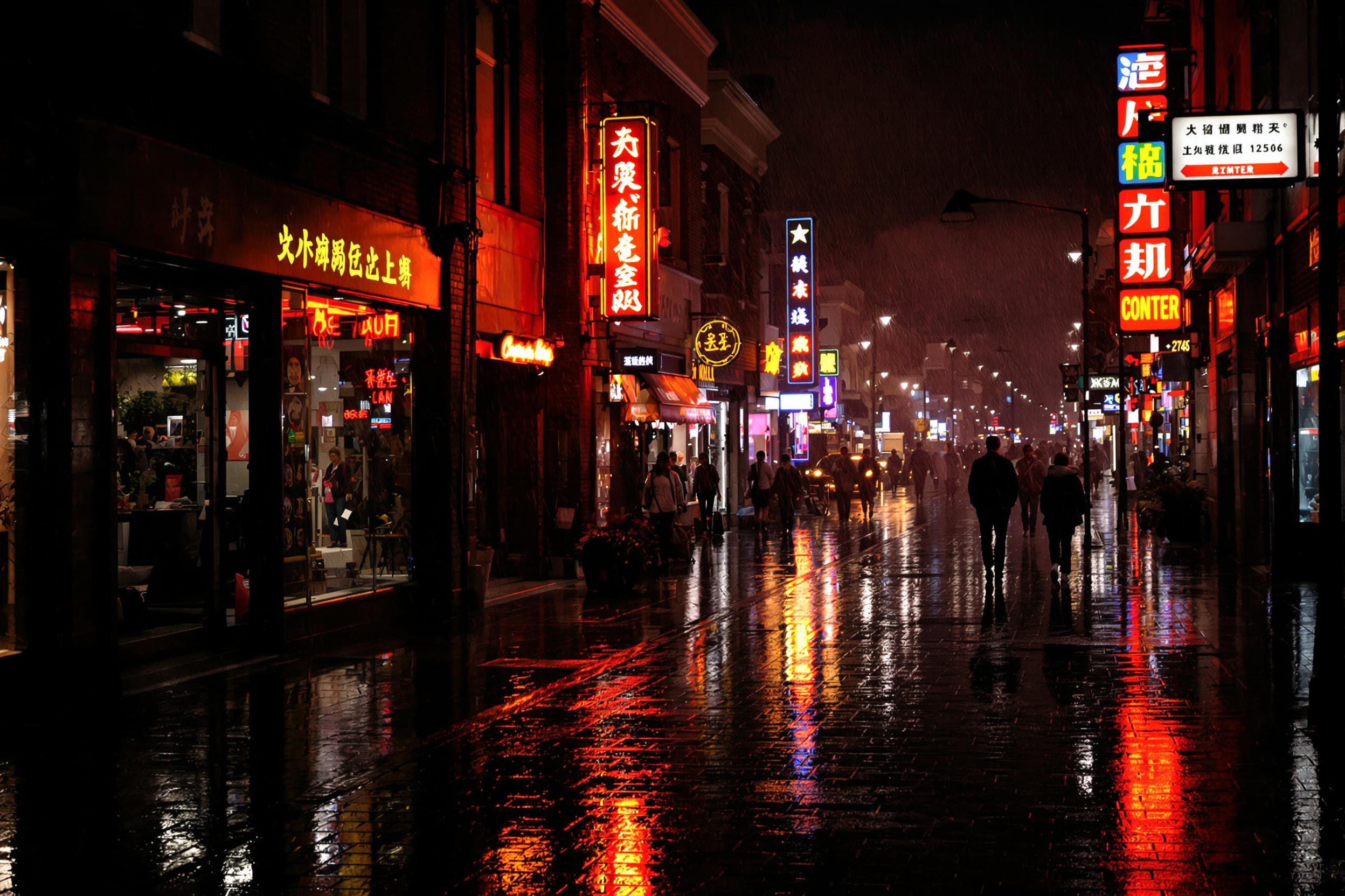 Narrow urban streets shine brightly under dim streetlights after rain. Reflections of vibrant neon signs ripple in polished puddles while drizzles coat dark cobblestone textures. Silhouettes of hurried pedestrians fade into the hazy, misty backdrop, creating an evocative blend of sharp illumination and soft atmospheric tones.