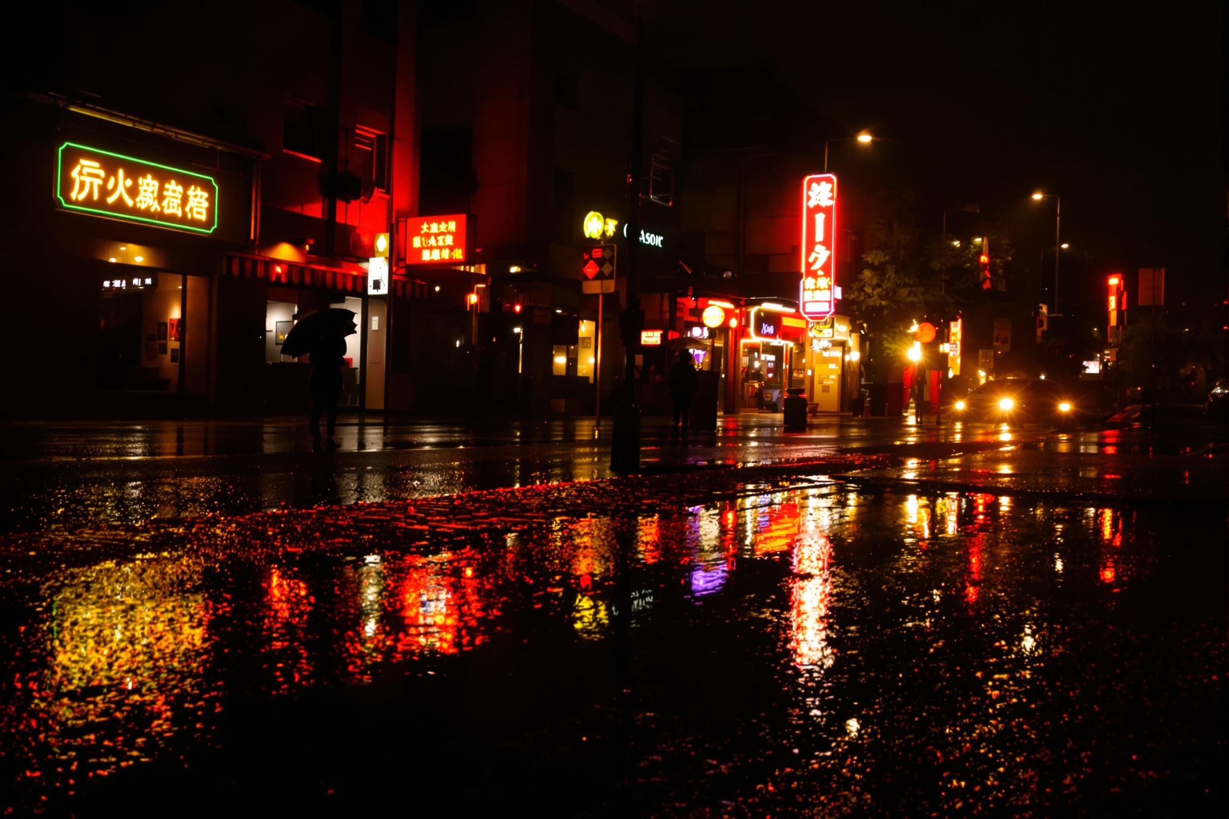 A moody urban night scene unfolds with glowing streetlights illuminating rain-slicked pavements. Vibrant neon signs reflect vividly in puddles as a lone pedestrian with an umbrella strolls by. The shiny wet asphalt mirrors buildings and faint headlights, creating dramatic contrasts against the darkened sky.