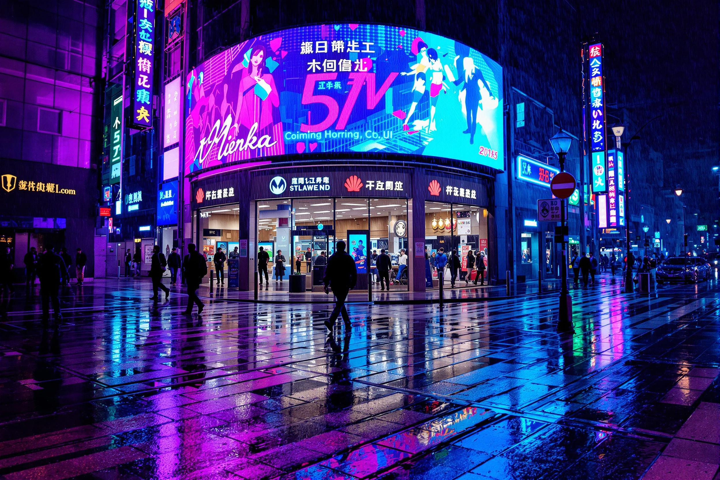 An urban street corner bursts into life under vibrant neon lights. Slick pavements reflect intense blues, pinks, and purples from signage and towering screens above. A single silhouetted figure walks among indistinct outlines of others, faintly visible through rain-coated glass. The dynamic composition uses leading lines and color contrast within a dim cityscape.