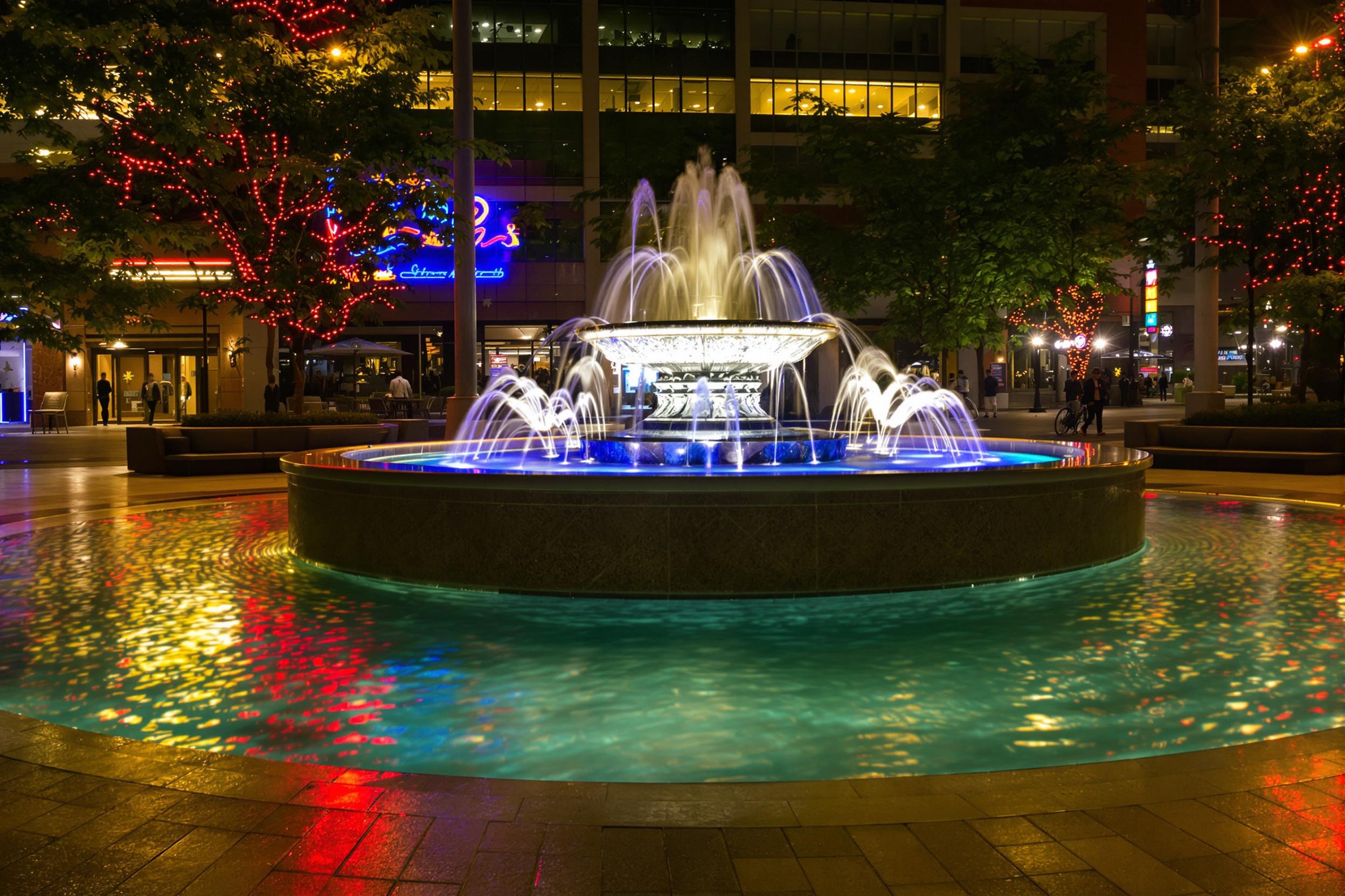 A nighttime urban plaza displays an elegant fountain glowing under vibrant hues cast from surrounding city lights. Rippling reflections of neon reds, yellows, and blues intermingle in the water pool below, blurring with small movements in gentle waves. Smooth tiled flooring catches the light sporadically while nearby seating adds urban intimacy.