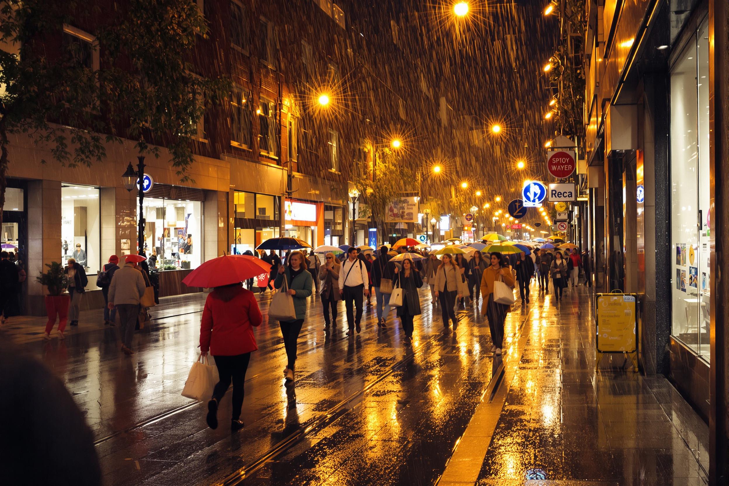 A bustling urban street comes alive under the glow of warm streetlights during a rainy night. Reflections shimmer on wet pavement as pedestrians bustle by, some holding umbrellas, others in vibrant raincoats. The atmosphere is rich with energy, enhanced by the blurred movements of people and the soft illumination from shop windows lining the street.