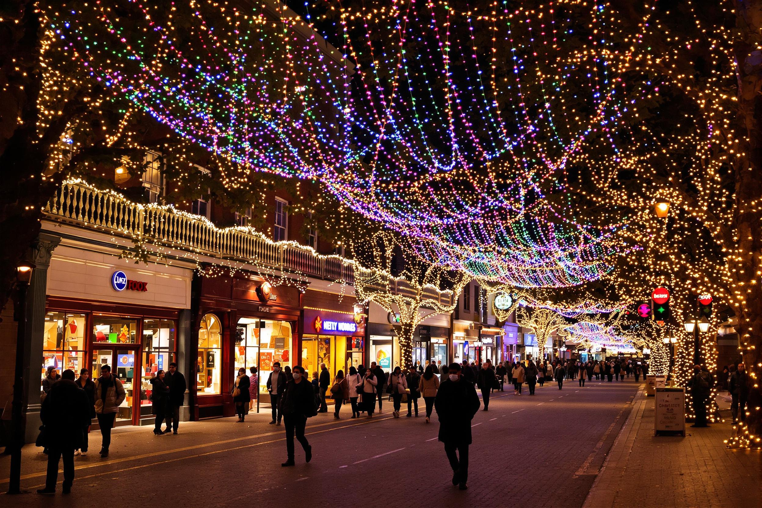 A lively urban street comes alive at night as colorful fairy lights drape overhead, casting a warm glow on bustling sidewalks. Multiple stores line the street, their glowing window displays inviting passersby. People stroll by, some stopping to chat or admire shop windows, while trees flanking the boulevard are adorned with twinkling lights, creating an enchanting atmosphere.