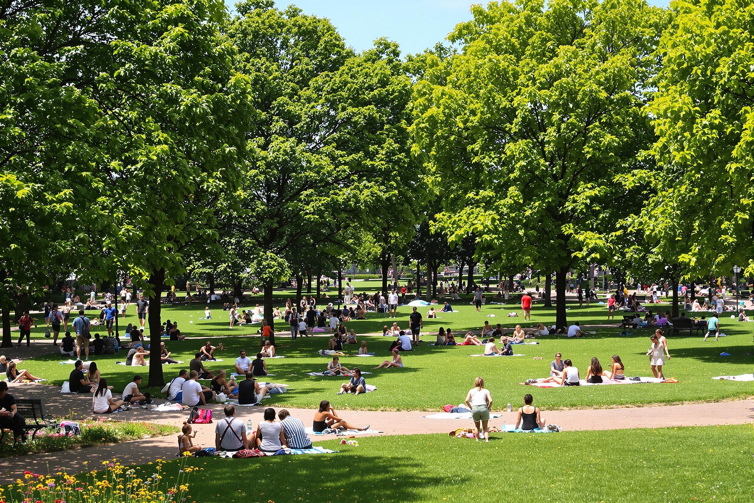 A lively urban park brimming with activity under bright sunlight. Groups of diverse people relax on benches and picnic blankets amid lush green trees. Children play on the grassy expanse while joggers pass along winding paths. Splashes of color from blooming flowers and scattered artwork create a vibrant atmosphere, perfect for enjoying nature in the city.