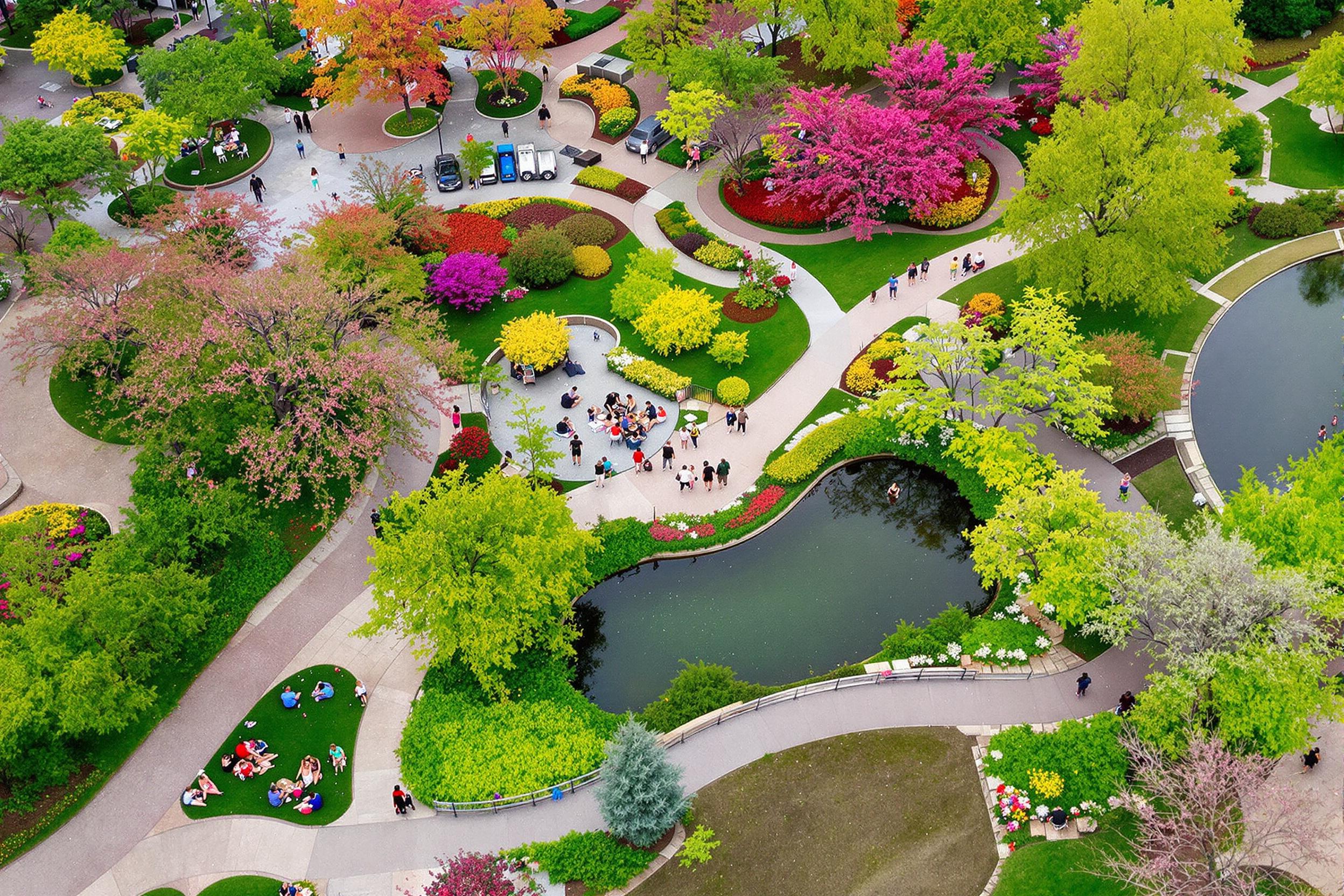 Aerial view of a bustling city park in spring reveals patches of colorful flowerbeds intertwined with meandering paths and lush green lawns. Families gather for picnics, while friends stroll along the pathways. Children play near a sparkling pond, and vibrant trees shade the area, creating a picturesque urban oasis.