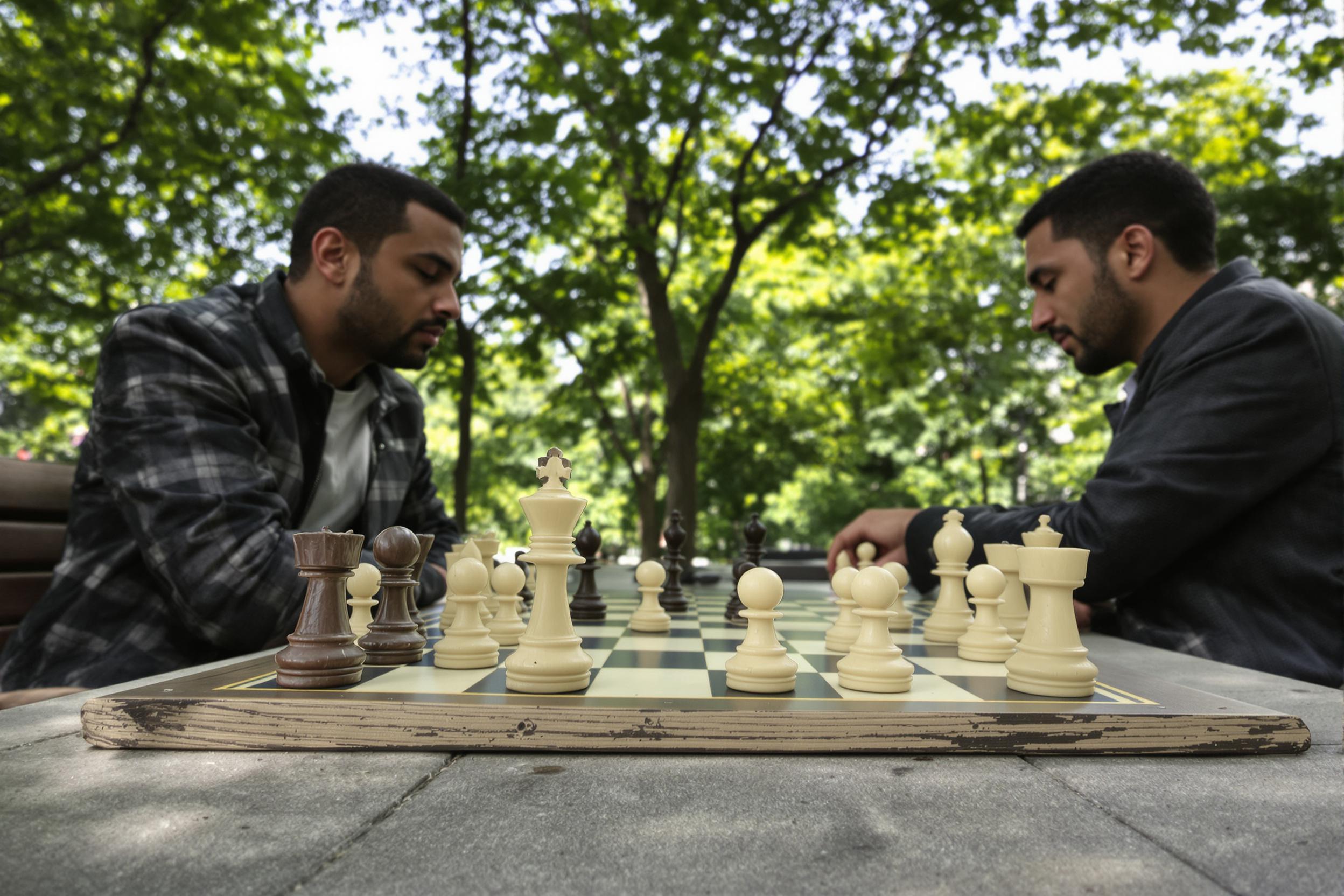 A serene urban park captures two focused players in a heated sidewalk chess match under leaf-dappled sunlight. The foreground reveals a weathered wooden chessboard occupied by elegantly carved pieces mid-game. Their intent expressions blur slightly into the background, where soft hues of green foliage contrast the tactile drama unfolding on the board.