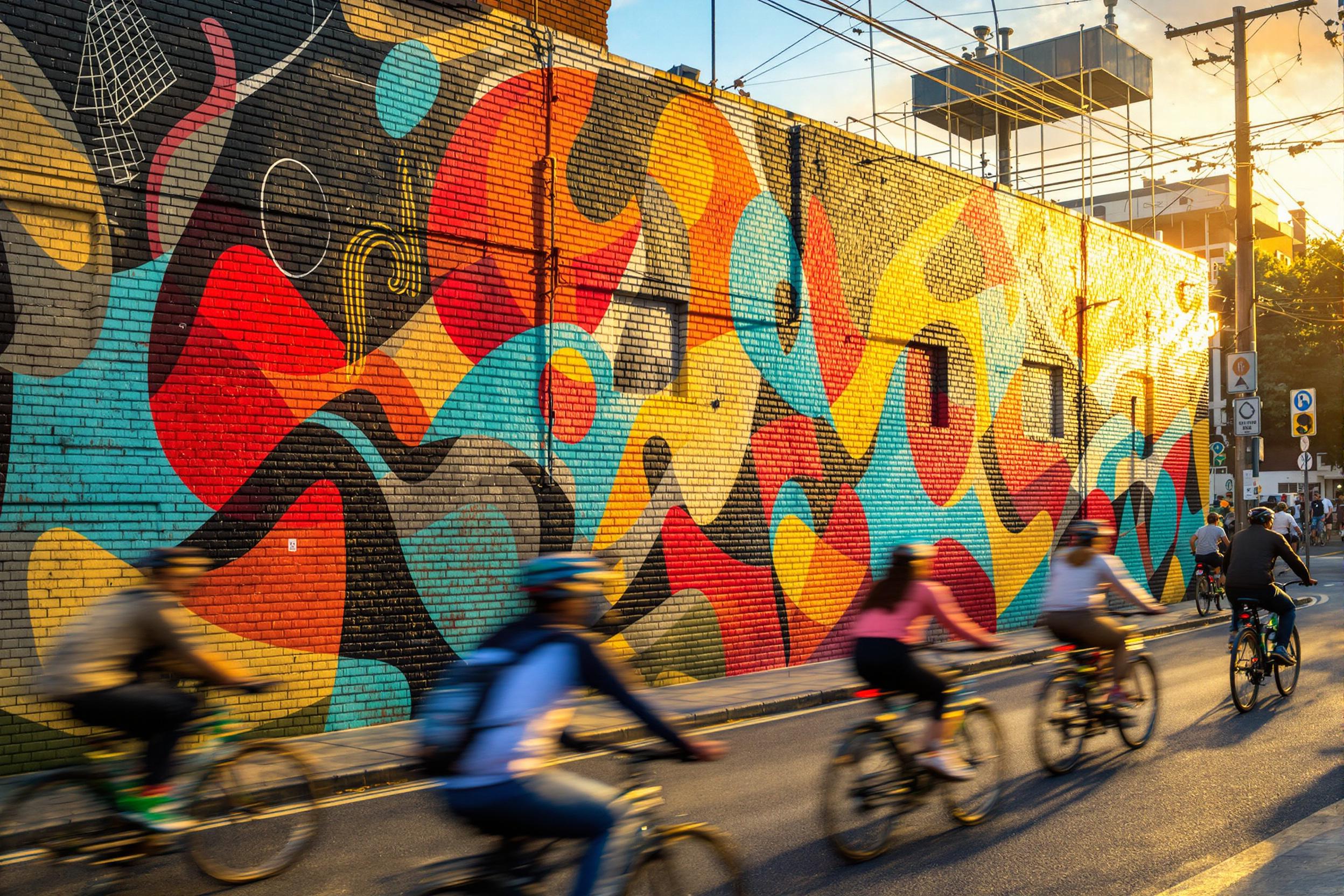 A colorful urban landscape bursts with life as cyclists navigate through a bustling street adorned with an impressive mural. The mural depicts abstract shapes in vibrant reds, blues, and yellows, contrasting beautifully against the weathered brick wall. Golden late afternoon sunlight bathes the scene, enhancing the lively atmosphere while blurred outlines of riders bring a sense of movement to the composition.