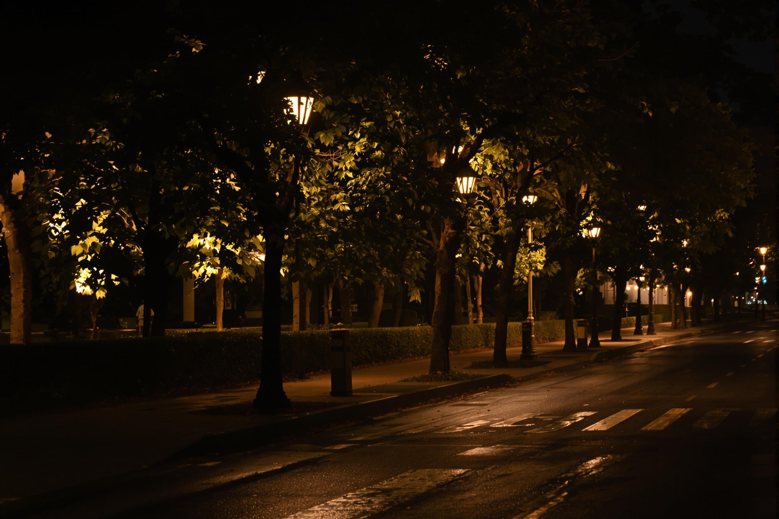 A calm late-night street scene unfolds with softly glowing lampposts creating pools of light on the pavement. Wet streets reflect the warm hues, enhancing the serene atmosphere. Trees line the road, their silhouettes gently softened by the diffused glow. The quiet ambiance invites a sense of peace and solitude, reminiscent of peaceful city strolls.