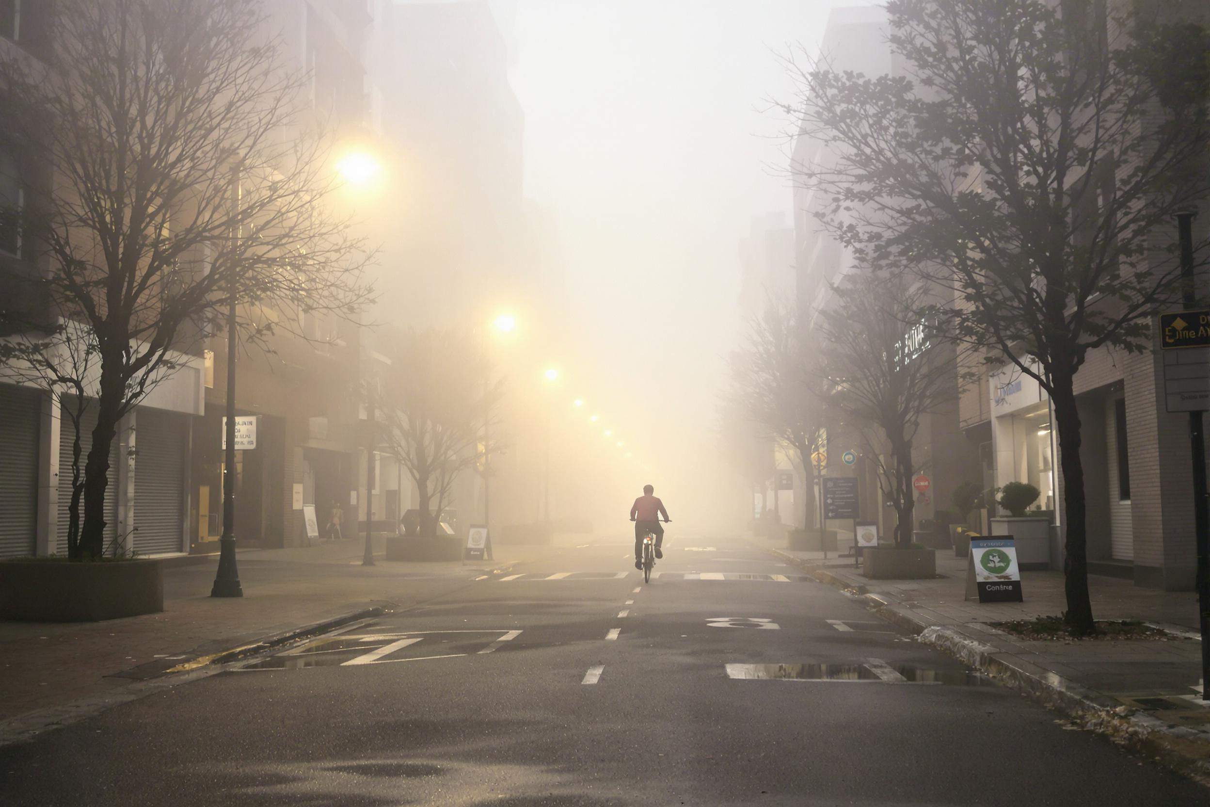 A deserted urban street stretches into dense morning fog, illuminated by faint, warm streetlights. A solitary figure on a bicycle pedals away from the viewer, framed between damp sidewalks glistening under scattered puddles. The surrounding buildings fade gradually into the mist, creating a moody, serene atmosphere.