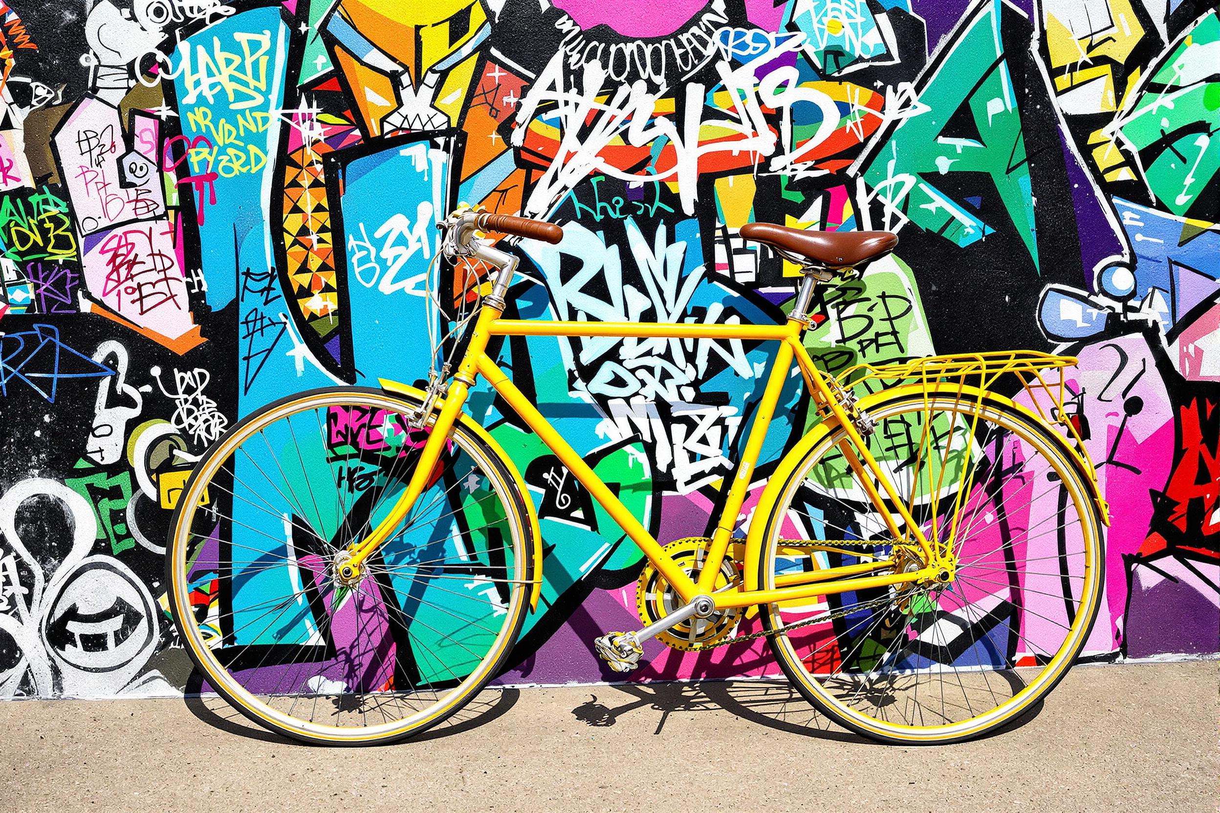 A bright yellow bicycle leans against a vibrantly painted graffiti wall brimming with artistic expression. The bicycle's sleek frame contrasts with the intricate colors and shapes behind it, capturing the essence of urban culture. Bright sunlight enhances the vivid hues of both the bike and the wall, creating a lively atmosphere that tells a story of creativity and movement.