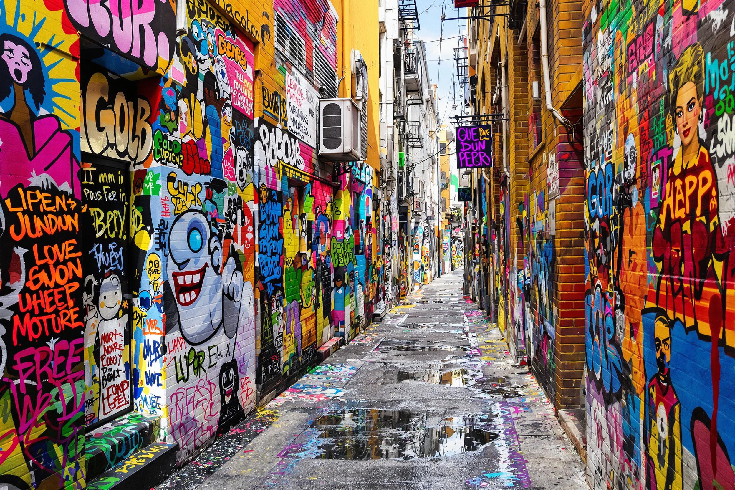 A narrow city alley bursts with color, its walls covered in vibrant graffiti and street art conveying diverse themes. Bright murals depict characters, abstract patterns, and social messages, creating a lively urban atmosphere. The midday sun illuminates the spray-painted surfaces, casting shadows that add depth to the artwork. Puddles on the ground reflect splashes of color, inviting exploration.