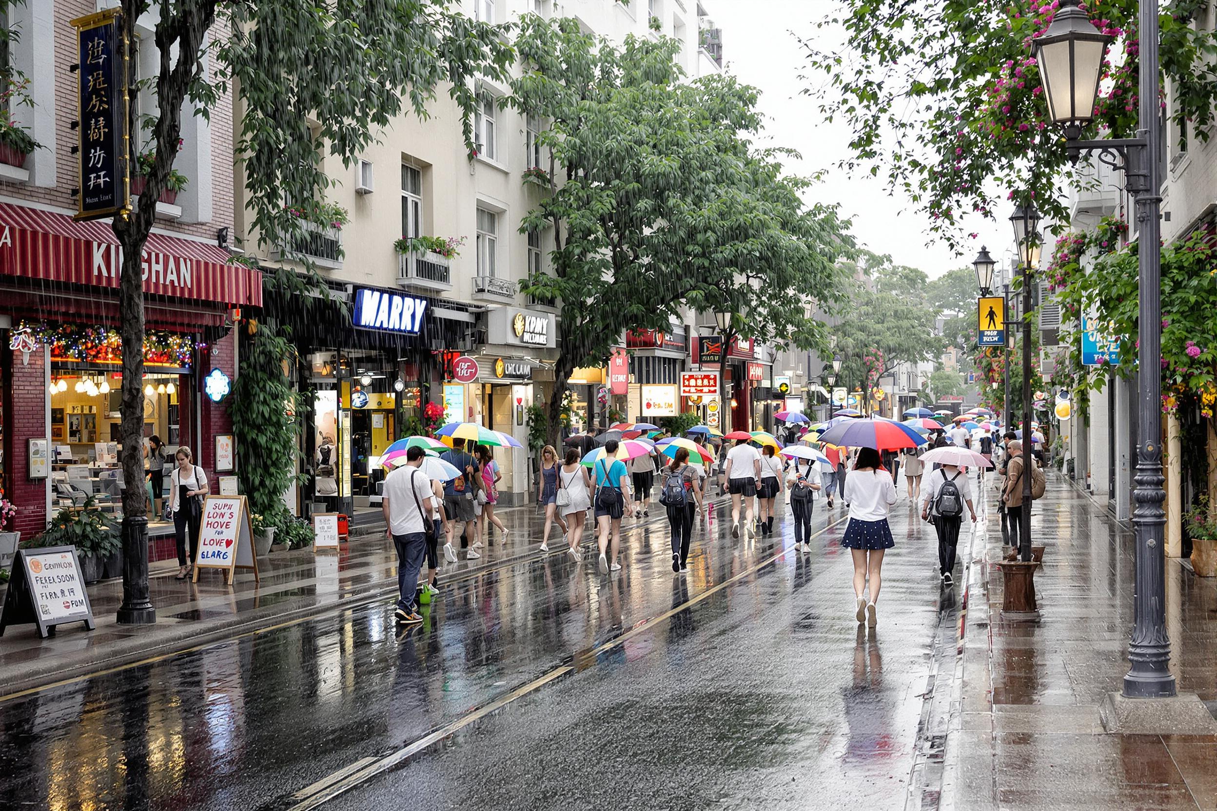 A lively city street unfolds under an afternoon rain shower. Colorful umbrellas bloom like flowers as pedestrians navigate the slick pavement. Shimmering reflections dance on the ground, mirroring shop signs and vibrant storefronts. Lush greenery spills from window boxes, adding pops of color against the gray sky and wet asphalt.