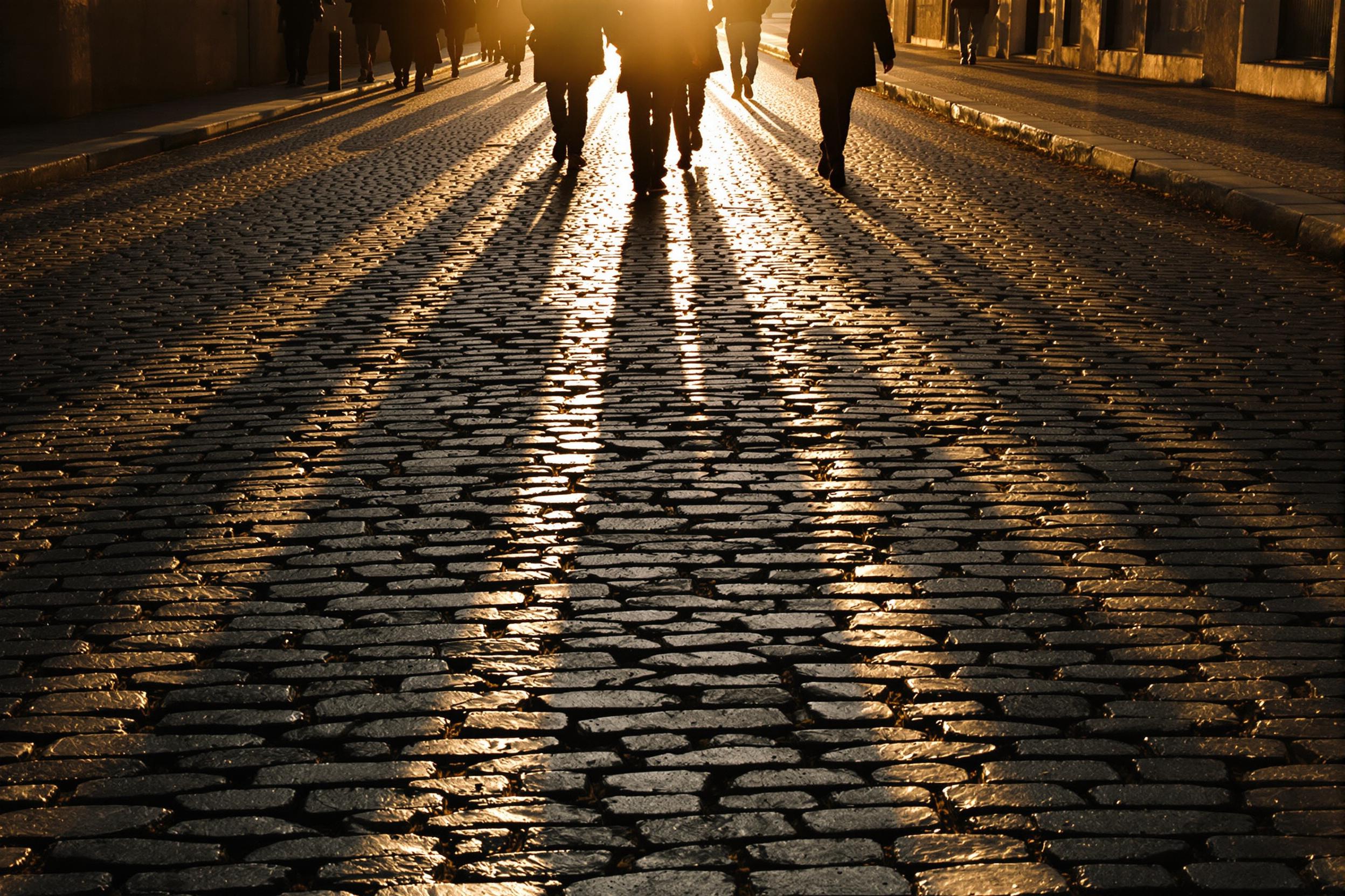 Against the backdrop of a quiet cobbled street, abstract elongated silhouettes of people stretch across the ground. Golden sunset light streams in diagonally, emphasizing the textures of the uneven stones beneath. The interplay of shadows and chipped cobbles creates dramatic contrast in this tranquil urban moment.