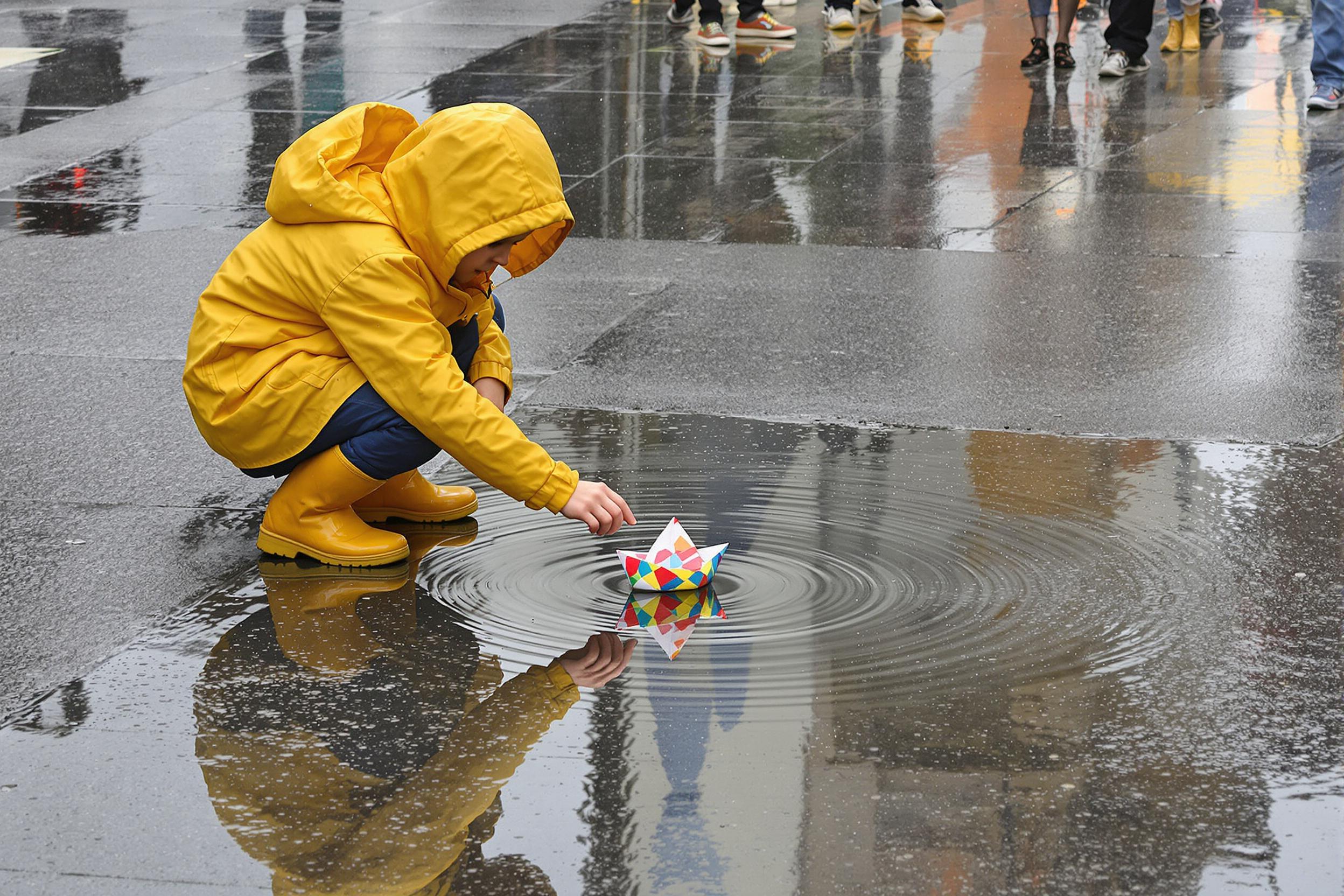 A child kneels next to a puddle on an urban sidewalk, carefully placing a colorful paper boat in the still water. The pavement glistens from recent rain, reflecting nearby streetlights and passing pedestrians. The child is dressed in a yellow raincoat and boots, adding vibrancy to the otherwise gray scene. Droplets ripple outward as the boat begins to float.