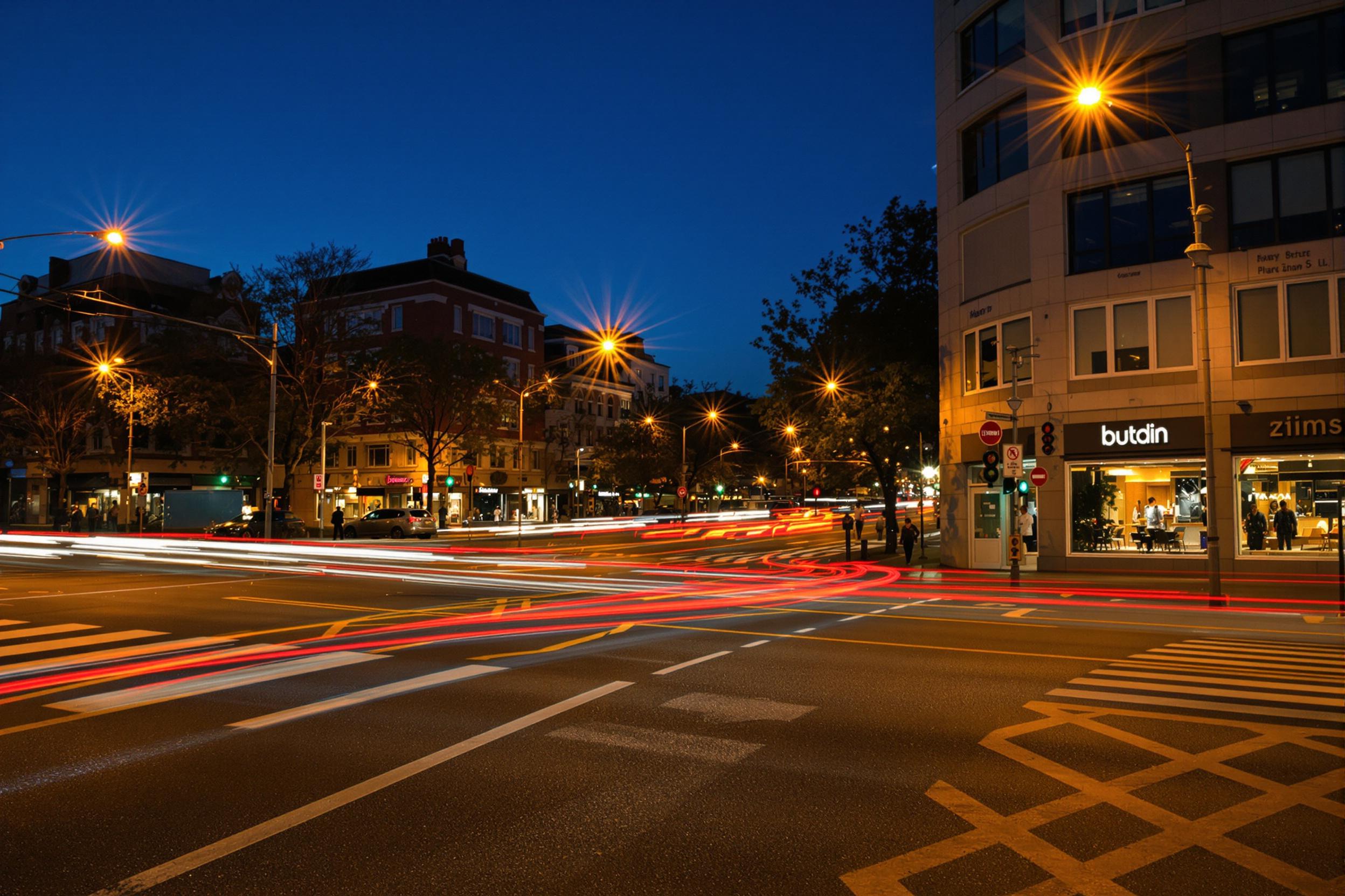 A busy urban intersection comes alive at twilight, where streaks of light from moving vehicles weave through the scene. Warm yellow streetlights illuminate the crosswalks, casting pools of golden glow on the asphalt. Reflections glimmer in nearby storefront windows, enhancing the vivacious energy of city life. The sky transitions to deep blue as night approaches, creating a dramatic backdrop.