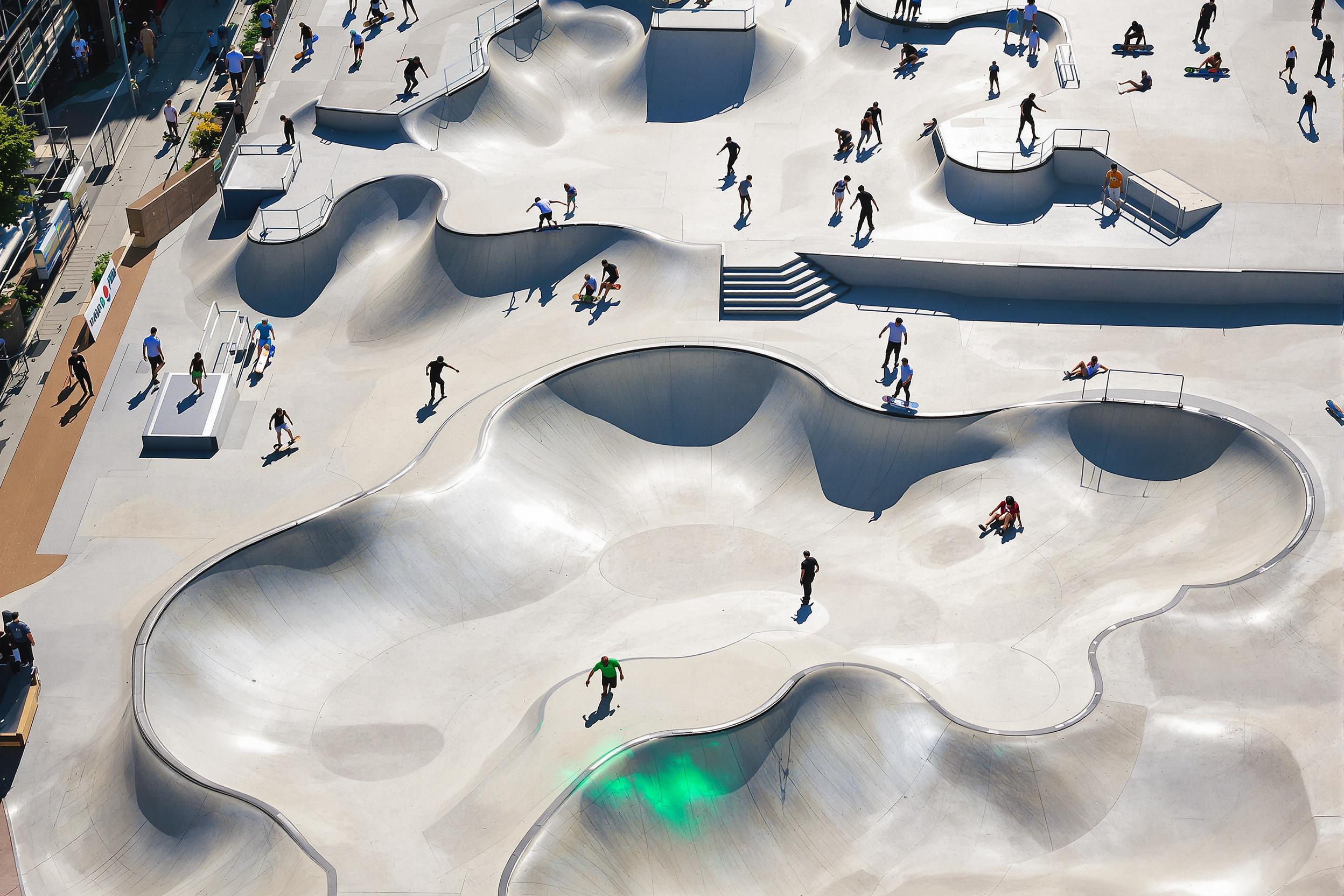 An overhead view captures a bustling urban skatepark under bright midday sun. Smoothly curved concrete ramps and rails create striking geometric patterns, framed by surrounding city buildings. Skaters dot the scene mid-action, their movements casting sharp shadows on the pale concrete. The muted urban color palette enhances the vivid energy.