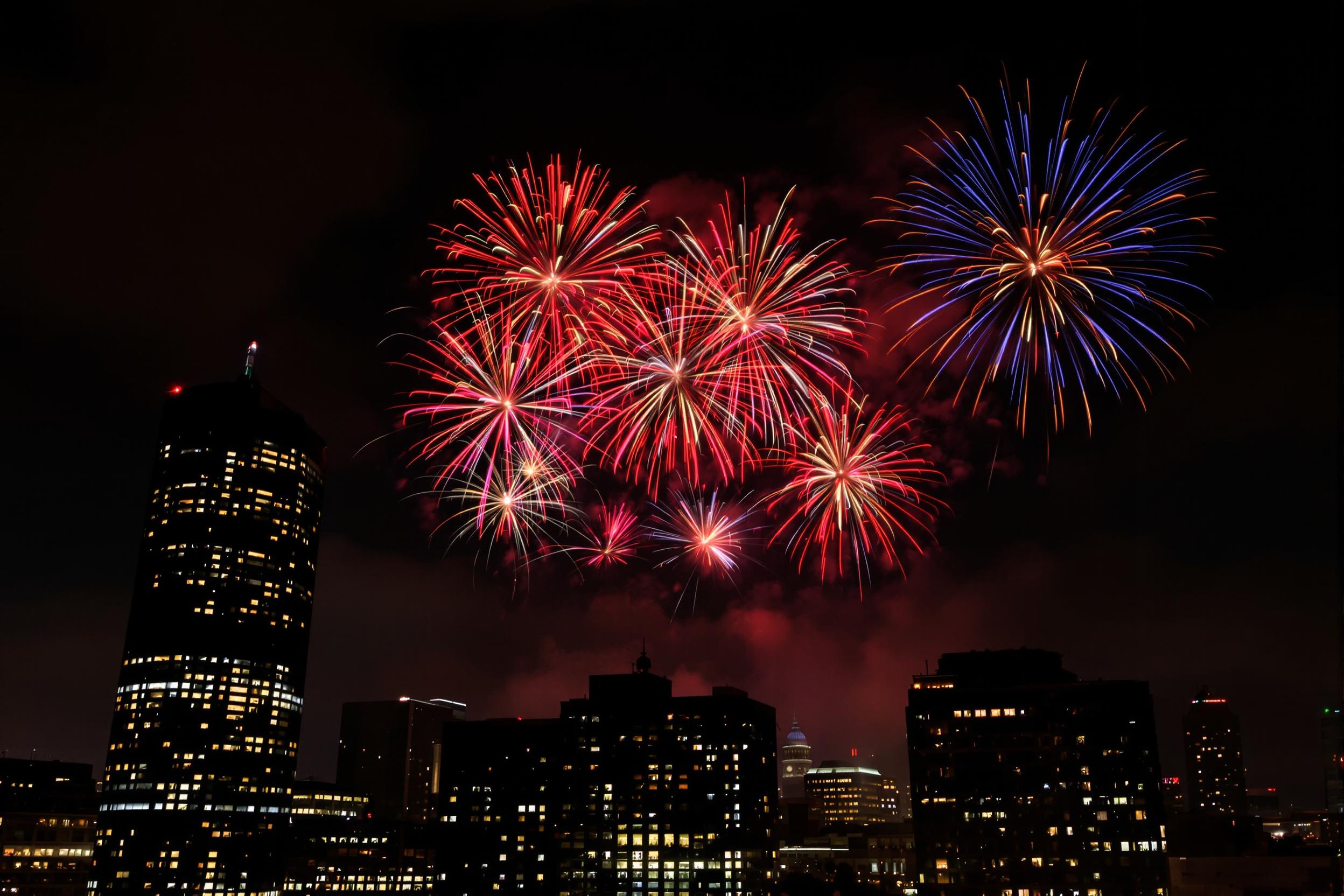 A stunning view of an urban skyline erupts with color as fireworks light up the night sky. Towering skyscrapers stand silhouetted against the dark backdrop, their windows shimmering with reflections. The vibrant bursts of red, blue, and gold create dynamic patterns, filling the air with excitement. Soft clouds catch the light, enhancing the festive atmosphere.