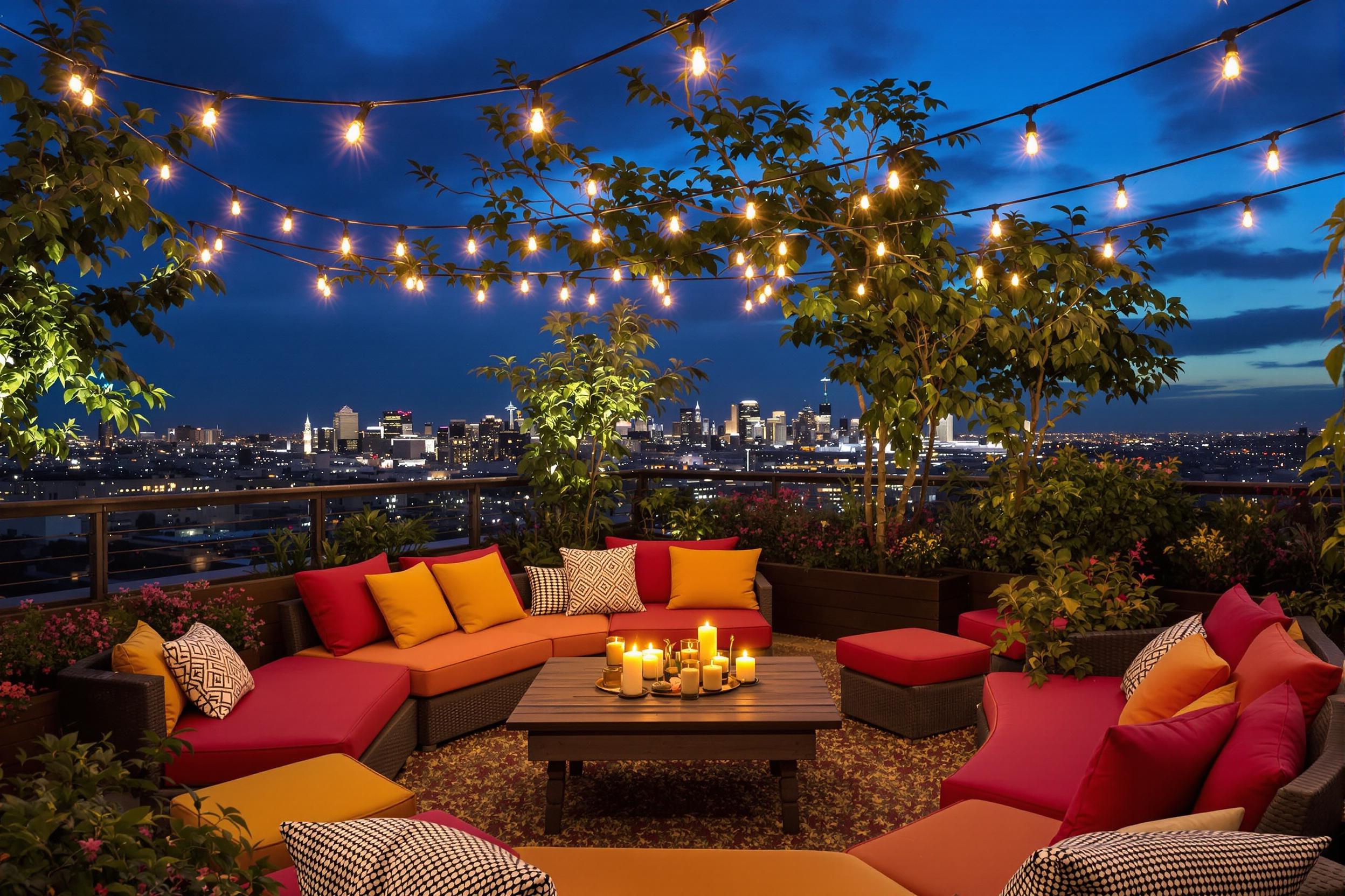 An inviting rooftop terrace provides a cozy urban escape as twilight falls over the city. Lush greenery and potted flowers complement vibrant cushioned lounges scattered around a rustic wooden table. Twinkling string lights create a warm ambiance alongside flickering candles. The distant skyline serves as a stunning backdrop against the deepening blue sky, evoking a sense of tranquility amidst city life.