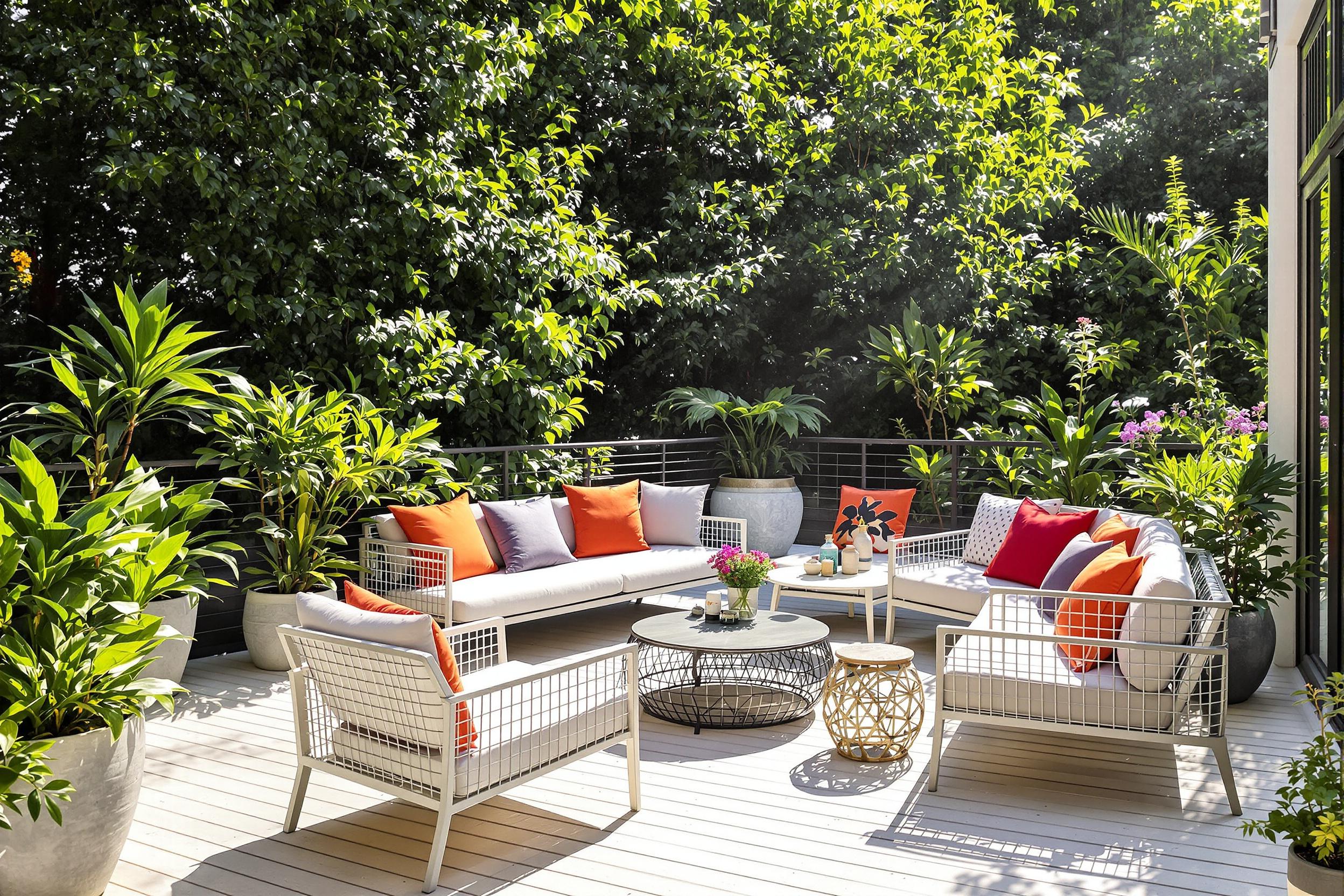 A stylish urban terrace features modern furniture set against a backdrop of lush greenery. Sleek seating arrangements, including vibrant cushions, invite relaxation. Sunlight streams down, casting playful shadows on the pale wooden deck. Potted plants of various heights add depth, while a small table showcases decorative items, enhancing the chic ambiance.