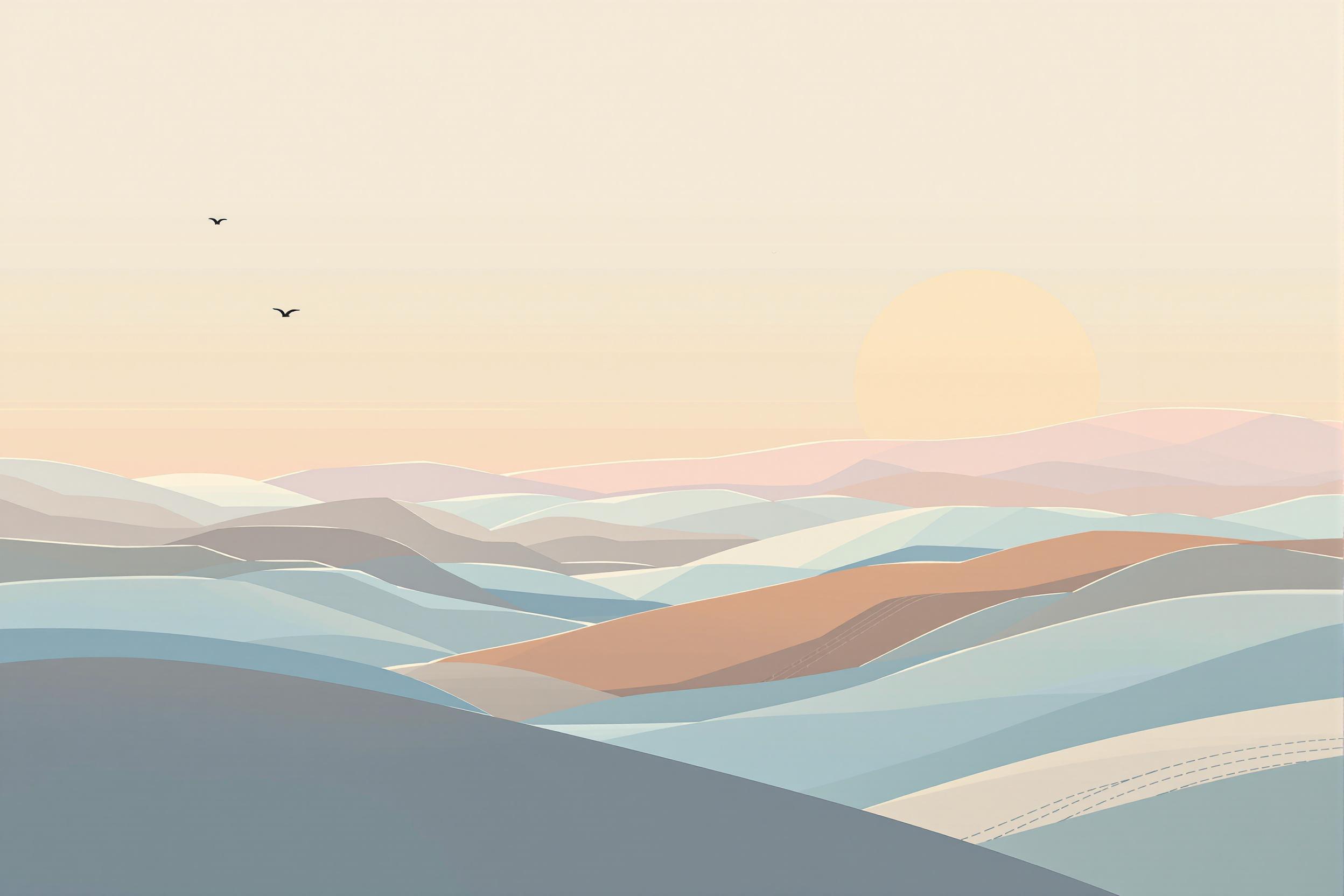 A captivating minimalist vector art landscape that emphasizes simplicity and tranquility. The design features soft pastel colors and clean lines, depicting rolling hills and a serene sky. This artwork is perfect for modern decor or branding, evoking a sense of calm and sophistication in any setting.