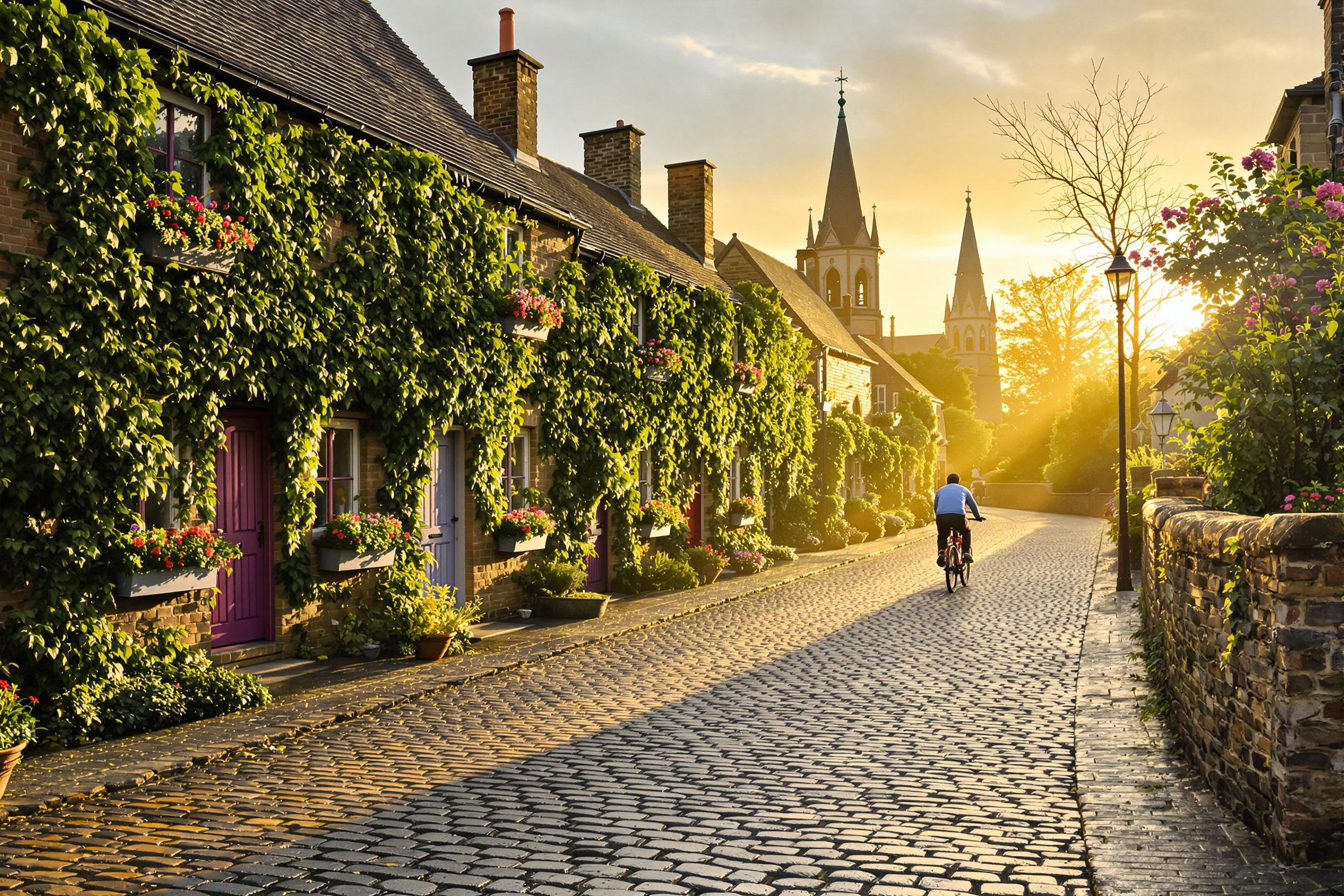 A cobblestoned village lane stretches under the soft golden glow of sunrise, bordered by ivy-clad stone cottages with colorful wooden doors. Morning mist lingers over flowers blooming in window boxes, as a solitary cyclist glides quietly past church spires framed in hues of gold and soft violet. Shadows play gently on the uneven stones.