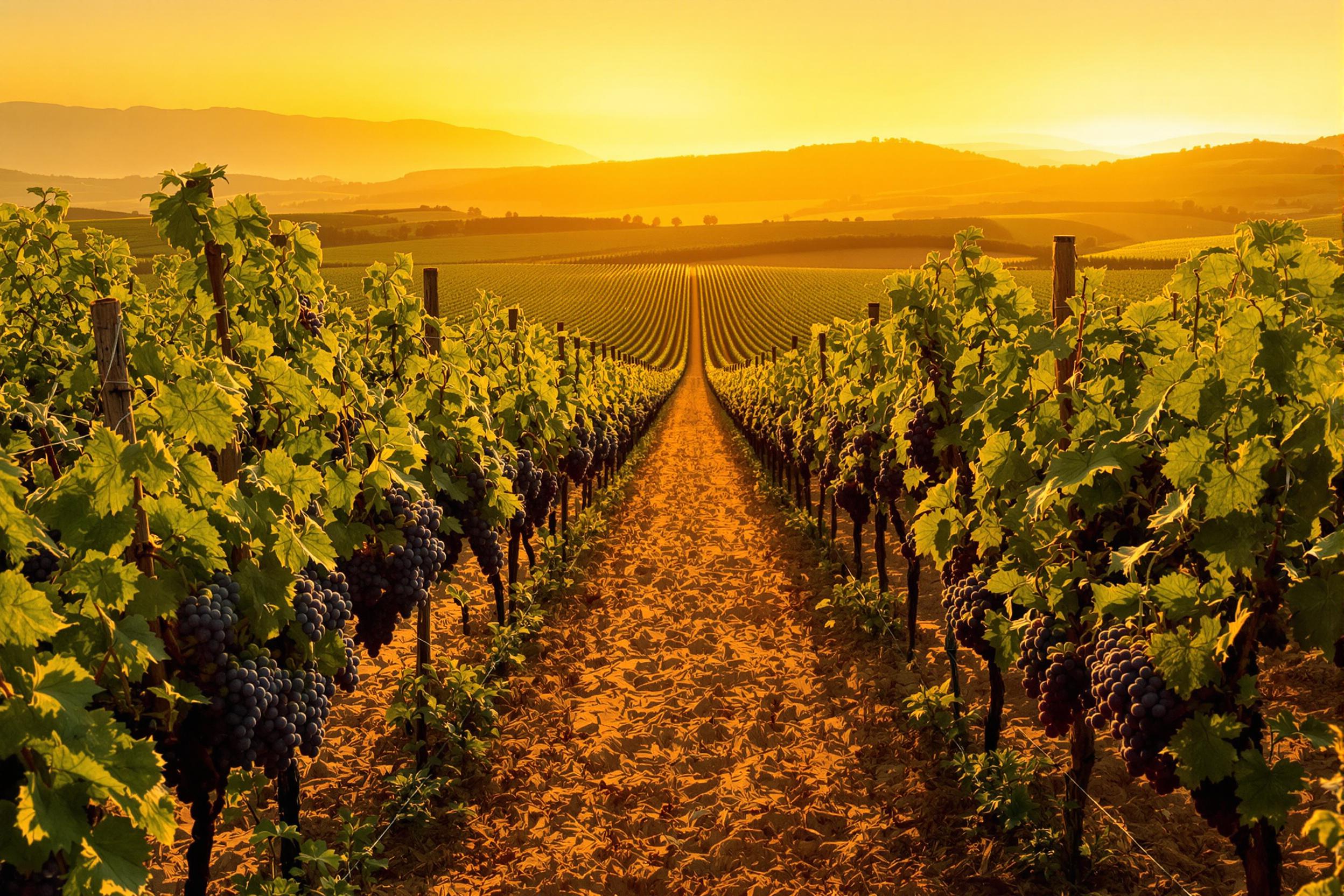 A sprawling vineyard glows warmly under a golden sunset. Endless rows of grapevines stretch towards distant rolling hills, their purple and green clusters illuminated by soft, diffused light. Shadows from wooden trellises angle across earthy soil, adding texture. The serene countryside is bathed in vivid amber hues.