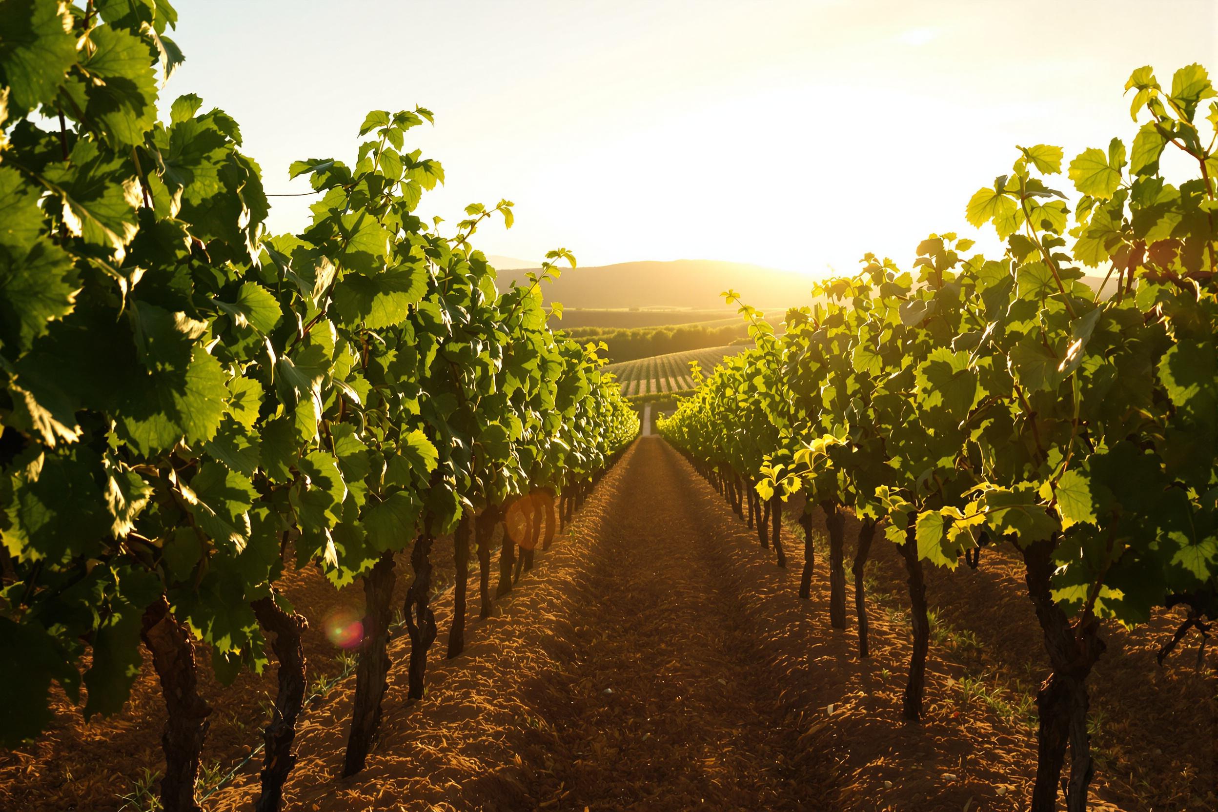 A tranquil vineyard awakens to the soft golden hues of sunrise. Rows of lush green grapevines stretch into the distance, their leaves glistening with morning dew. Surrounded by rolling hills, the warm light casts gentle shadows that dance across the rich soil. The peaceful ambiance invites contemplation and appreciation of nature's beauty.