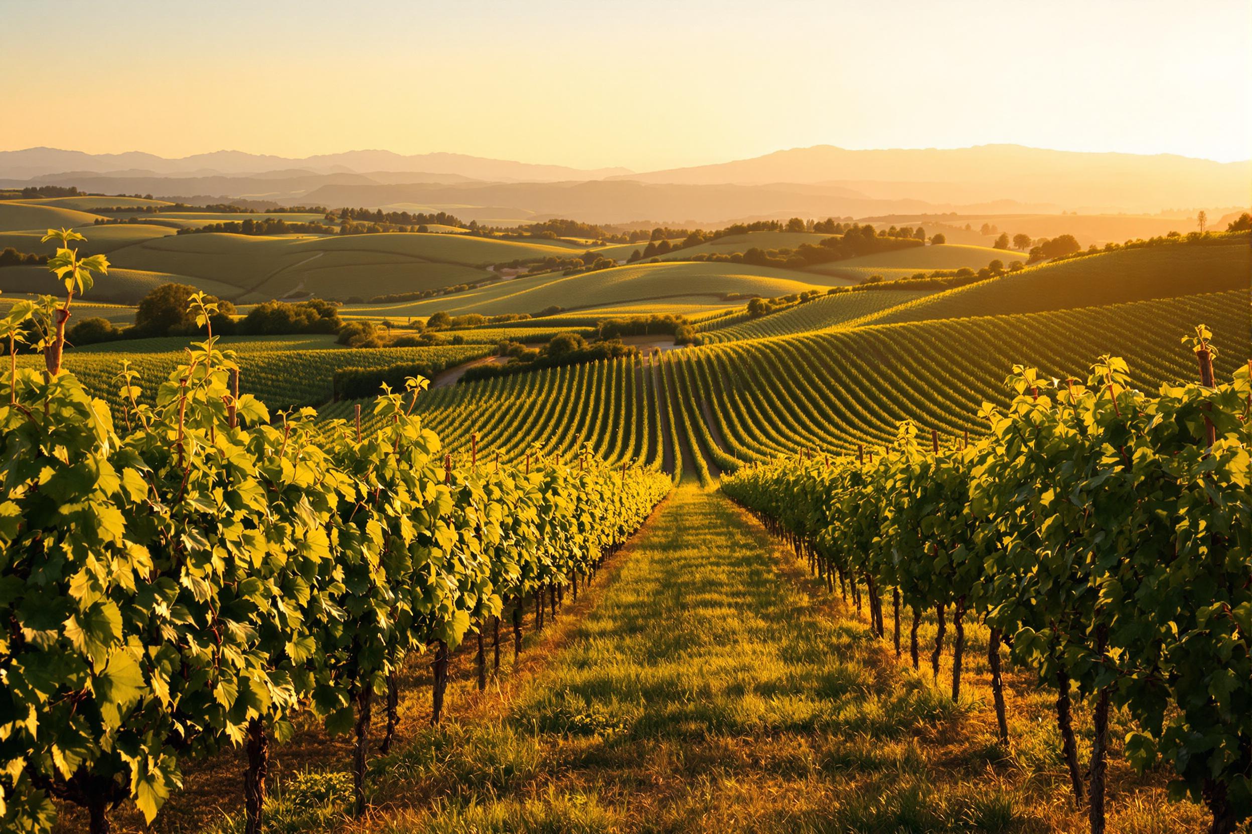 A picturesque vineyard stretches across rolling hills bathed in the warm glow of sunset. Rows of grapevines heavy with ripe fruit create a lush green carpet, their leaves transitioning to deep reds and yellows. In the distance, majestic mountains frame the scene, while soft, golden sunlight casts a serene light over the landscape, inviting leisurely walks through this idyllic setting.