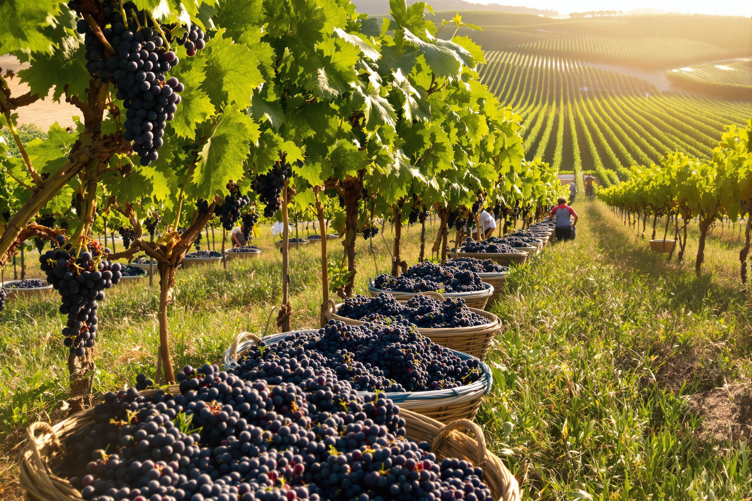 A picturesque vineyard teems with life as workers gather ripe grapes under golden afternoon sunlight. Rows of vibrant green vines stretch across the rolling hills, while baskets fill with plump clusters of deep purple fruit. The warm glow creates a serene atmosphere, highlighting the beauty of nature and the labor of love involved in the harvest.