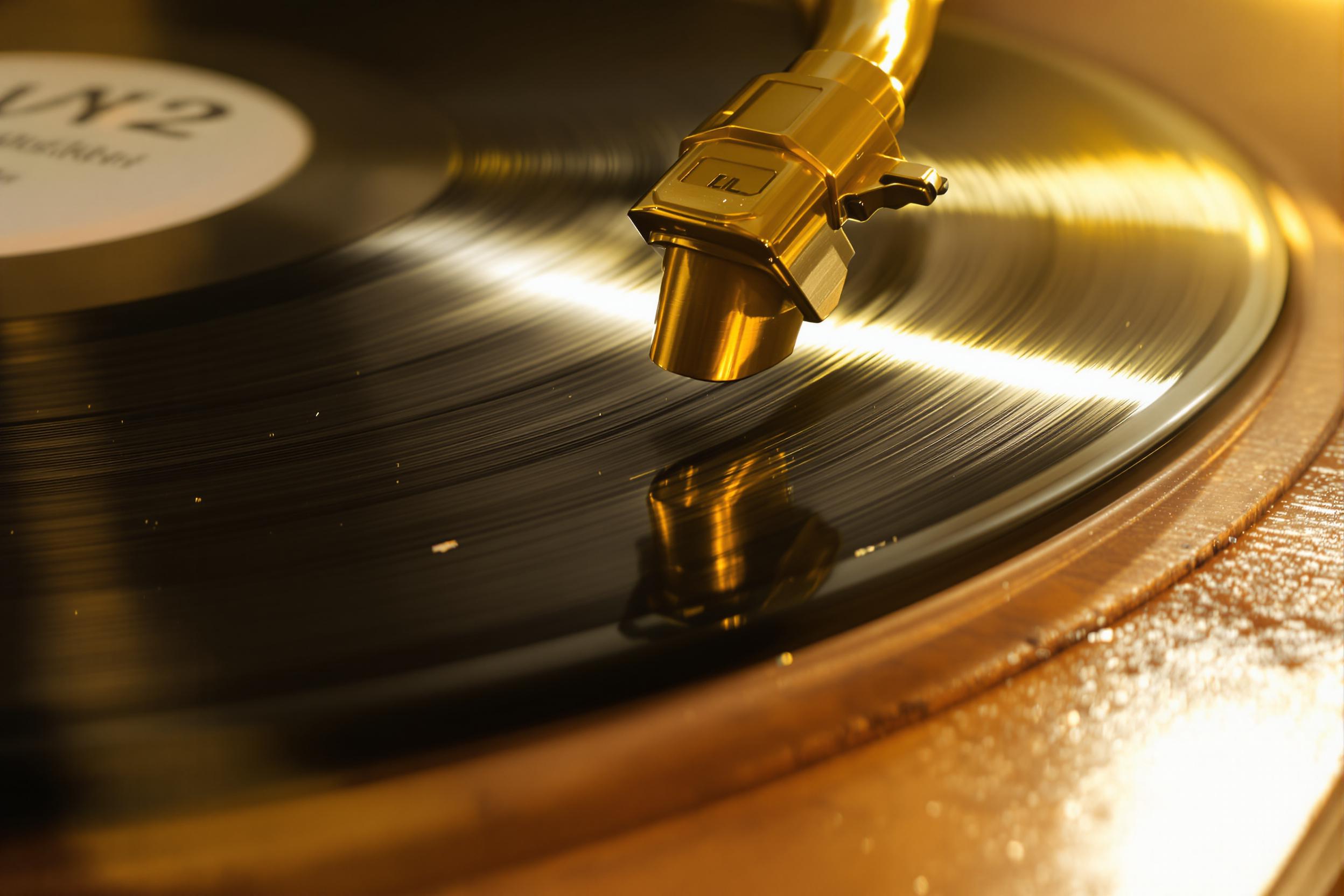 A macro shot captures the precise moment a brass gramophone needle grazes the spiraled grooves of a deep black vinyl record. Golden late-afternoon sunlight streams through unseen windows, creating soft reflections and shadows on the polished wooden base. Fine details like scuffs, dust particles, and radial patterns are pronounced in this warmly nostalgic scene.