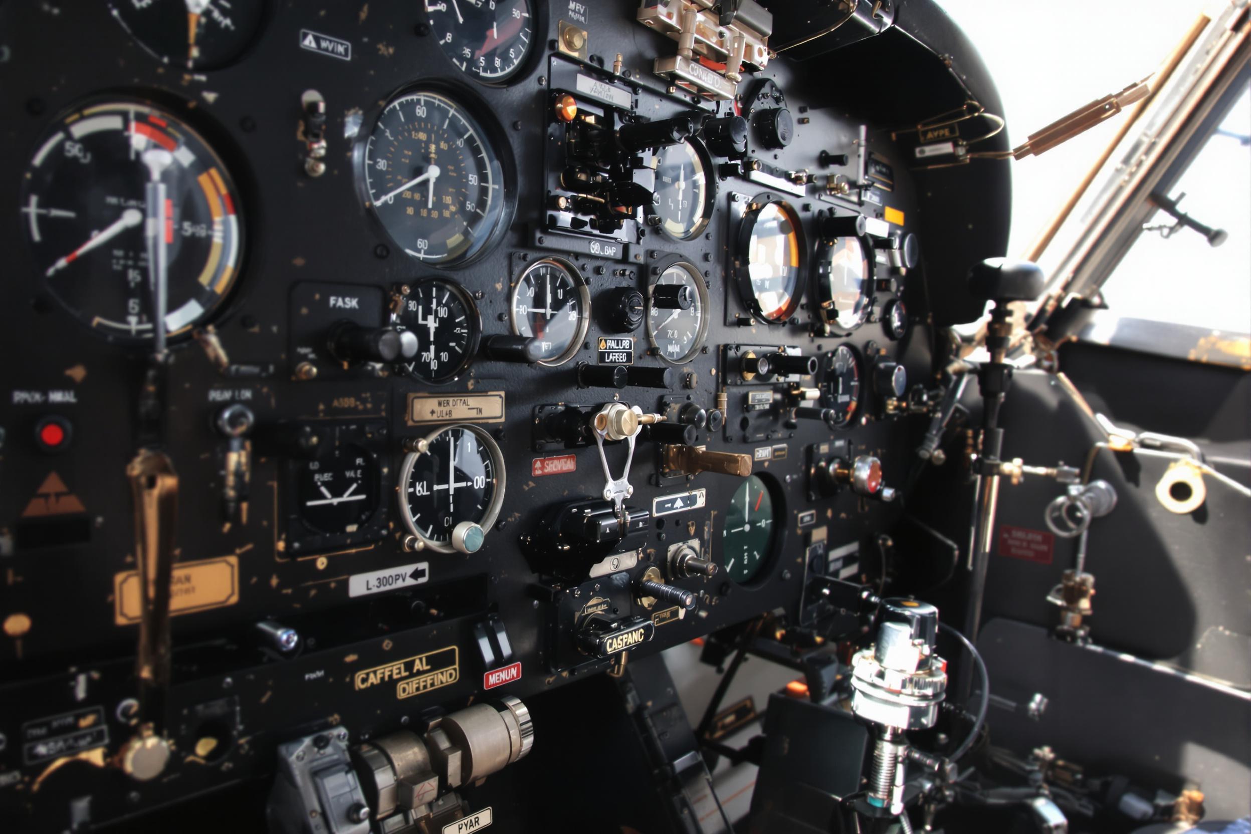 A close-up view of the instrumentation panel inside a vintage aircraft cockpit captures intricate mechanical dials, weathered switches, and metal levers. Sunlight streams softly through the canopy, revealing scuffed surfaces and faded labels on well-worn controls. The metallic textures create subtle reflections amidst the orderly clutter.