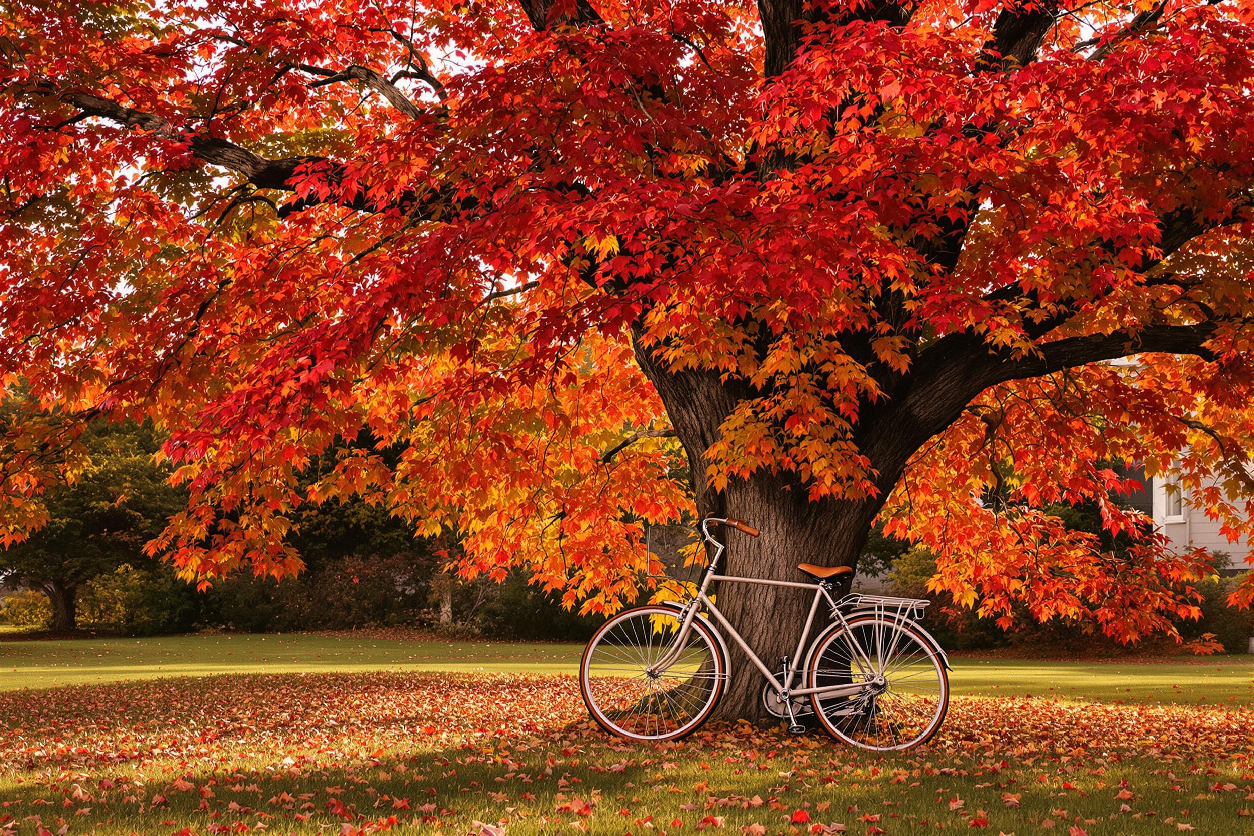 A charming vintage bicycle leans against the trunk of a large oak tree adorned with vibrant red and orange autumn leaves. Warm afternoon sunlight filters through the branches, casting gentle shadows onto the grassy ground. Leaves sway softly, suggesting a light breeze while rich hues create a nostalgic ambiance, offering a glimpse into a serene fall day.