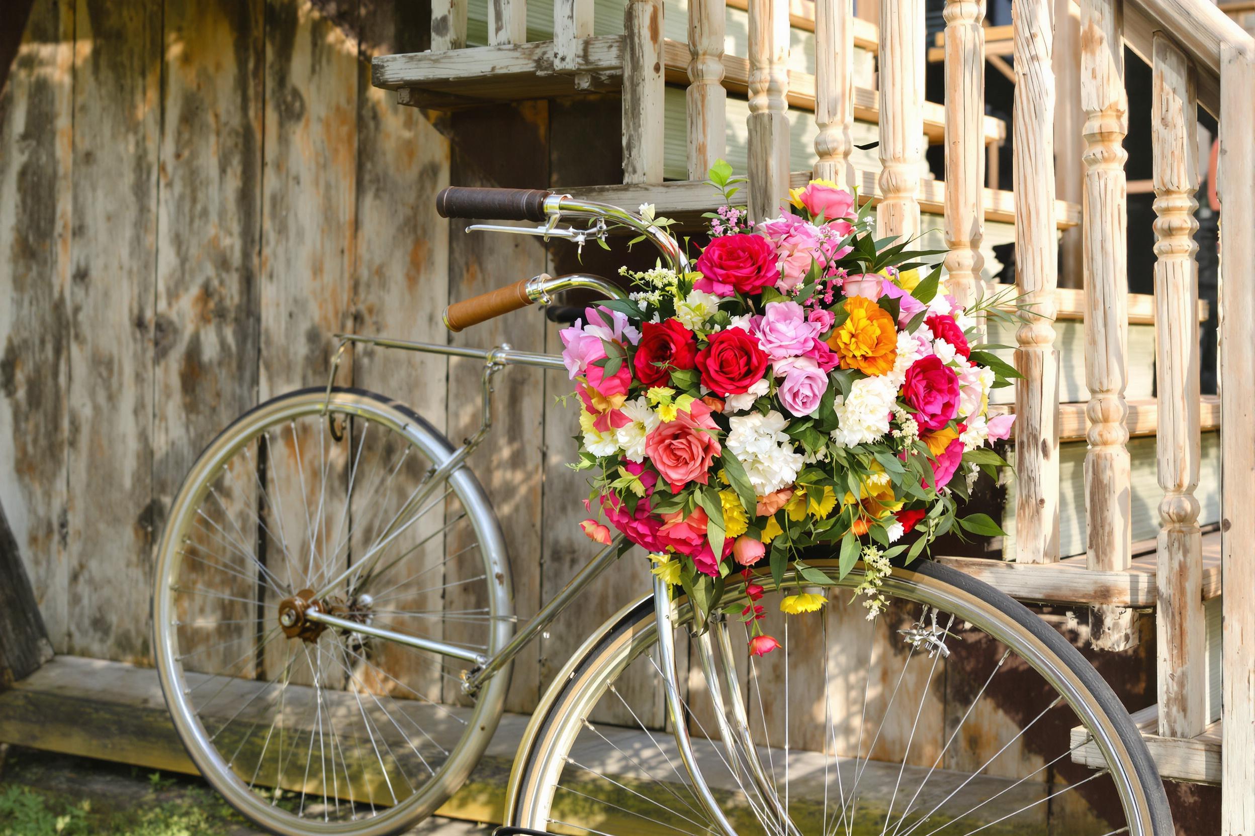 A vintage bicycle, elegantly adorned with a cascade of colorful flowers, rests against a weathered wooden staircase. The morning light bathes the scene in warmth, illuminating the intricate details of the bicycle’s chrome frame and the vibrant blooms. Wooden boards, aged with character, lead upward, creating a charming backdrop that enhances the nostalgic feel.