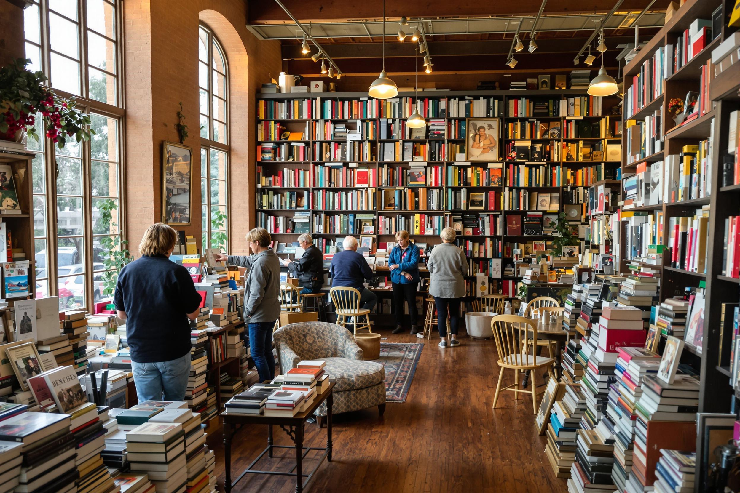 A cozy vintage bookstore presents a charming scene filled with warm light filtering through tall windows. Individuals browse shelves packed with colorful, well-loved books, their expressions reflecting curiosity. The wooden floors creak gently as patrons explore intriguing novels, while scattered armchairs invite pauses for quiet reading amidst the tranquil atmosphere.