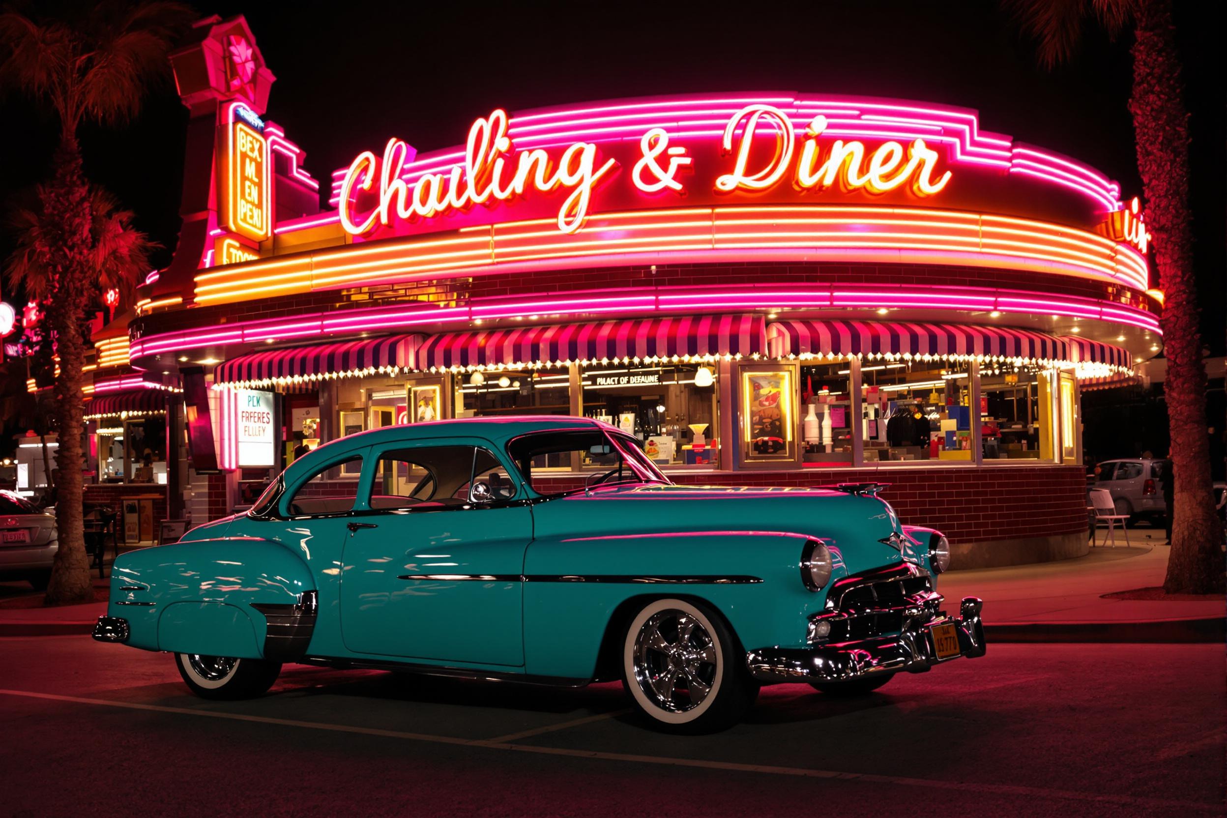 A classic vintage car, painted bright turquoise, is parked in front of a charming retro diner adorned with glowing neon signs. The bustling warm summer night creates a nostalgic atmosphere, as lively reflections shimmer on the car's glossy body under the inviting glow of pink and yellow lights. The diner features curved architecture, framed by palm trees.