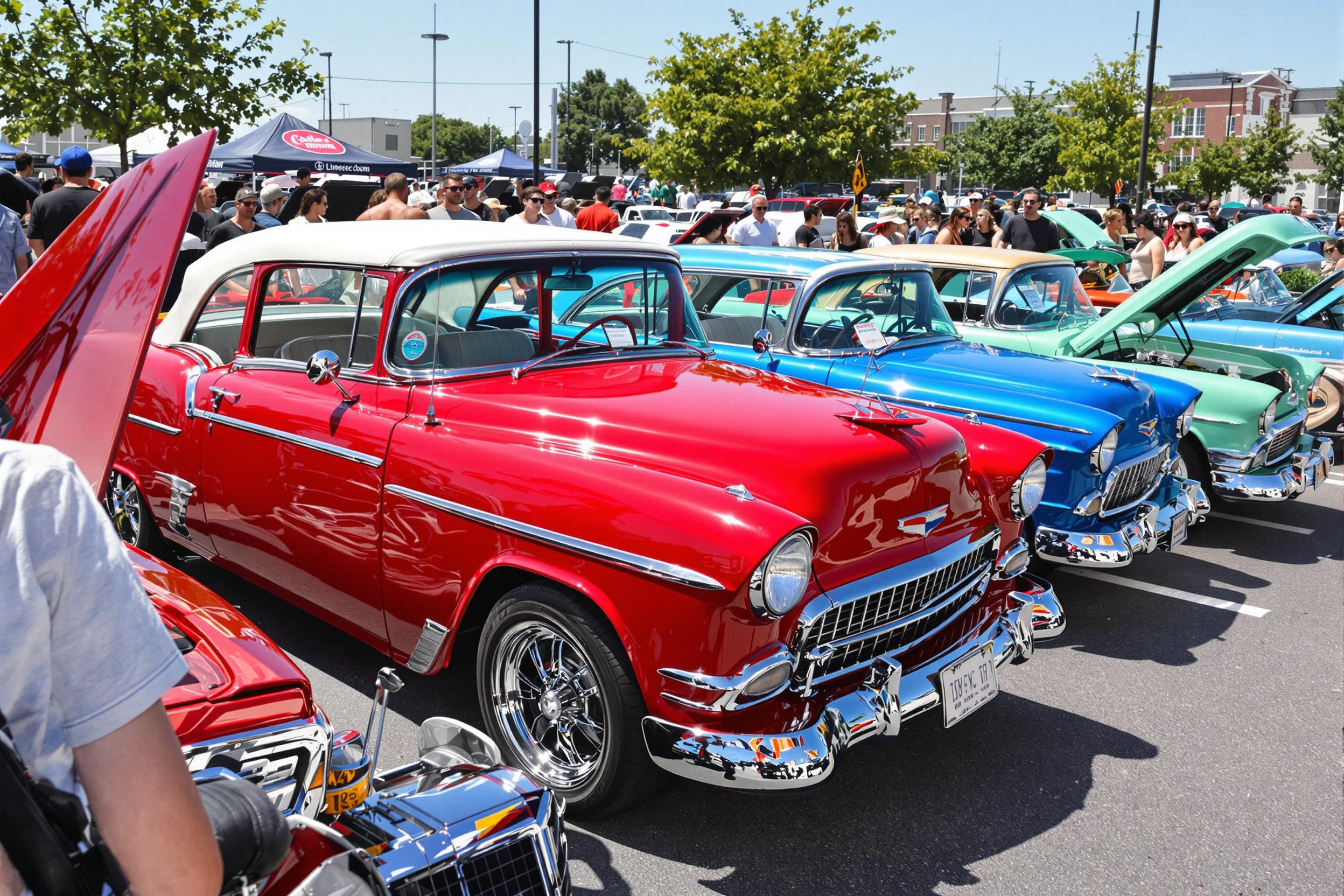 A lively vintage car show takes place on a sunlit day, showcasing a stunning collection of classic automobiles. Polish gleams on chrome bodies in vibrant hues of red, blue, and green under the warm afternoon sun. Enthusiastic attendees marvel at the intricate details of each vehicle, leaning against their favorites amongst the bustling excitement.