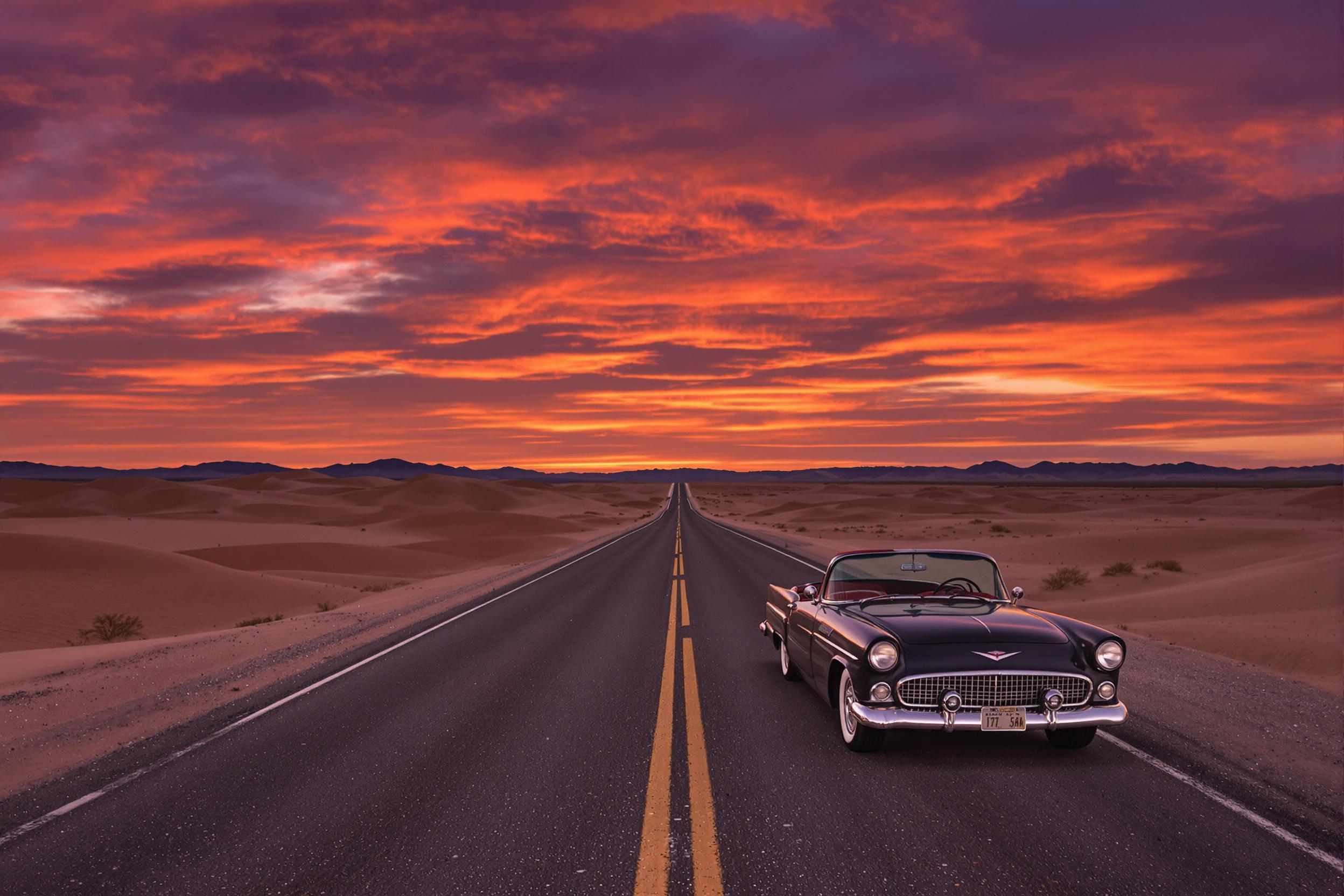 A vintage convertible rests alone on an endless desert highway at twilight. The vast expanse of rolling sand glows under a burnt-orange sky that fades into deep purples. Chrome detailing on the car reflects the vibrant sunset, drawing focus amidst the solitude of the open road. Shadowy outlines of far-off ridges create depth beyond the well-worn pavement.