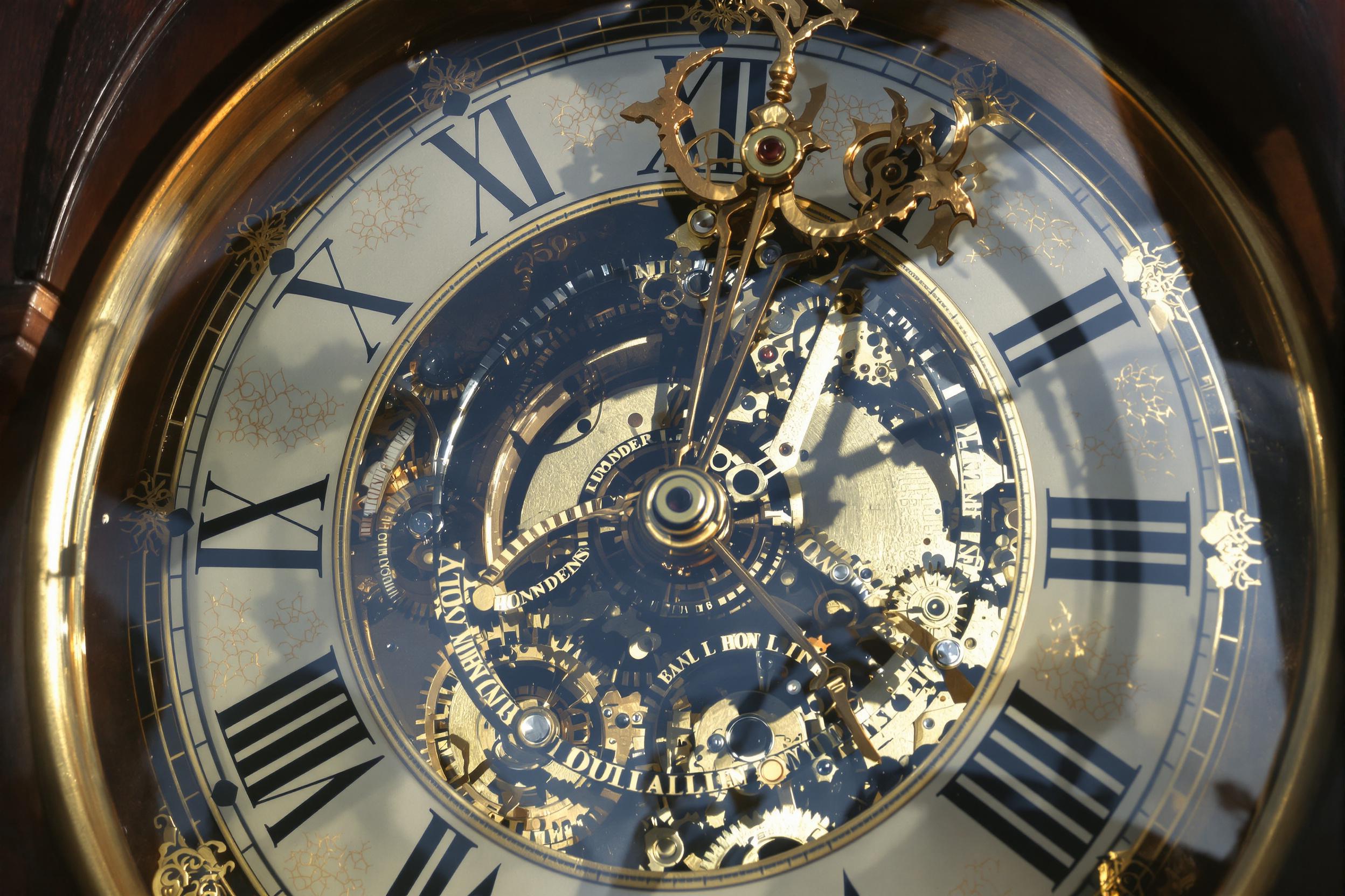 An extreme close-up of a vintage clock showcases its ornate details. The clock face, adorned with intricately painted Roman numerals, gleams softly under late afternoon light. Delicate gears are visible through the transparent glass cover, revealing the craftsmanship behind its operation. The dark wood surround adds richness, while shadows enhance the textures, creating a sense of nostalgic elegance.