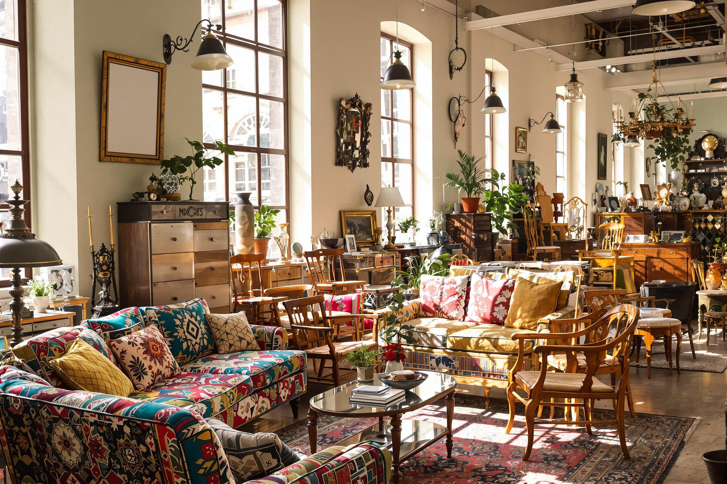 An eclectic vintage furniture shop brims with character. From retro couches adorned with vibrant patterns to antique wooden chairs displayed against pastel walls, each piece tells its own story. Sunlight filters softly through tall windows, illuminating the warm wood tones and rich fabrics. Unique artifacts and decorative items pepper the space, inviting exploration.